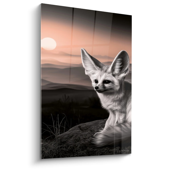 Tableau Fennec blanc et noir sous soleil pâle - Collines embrumées lointaines - Edition Fennec