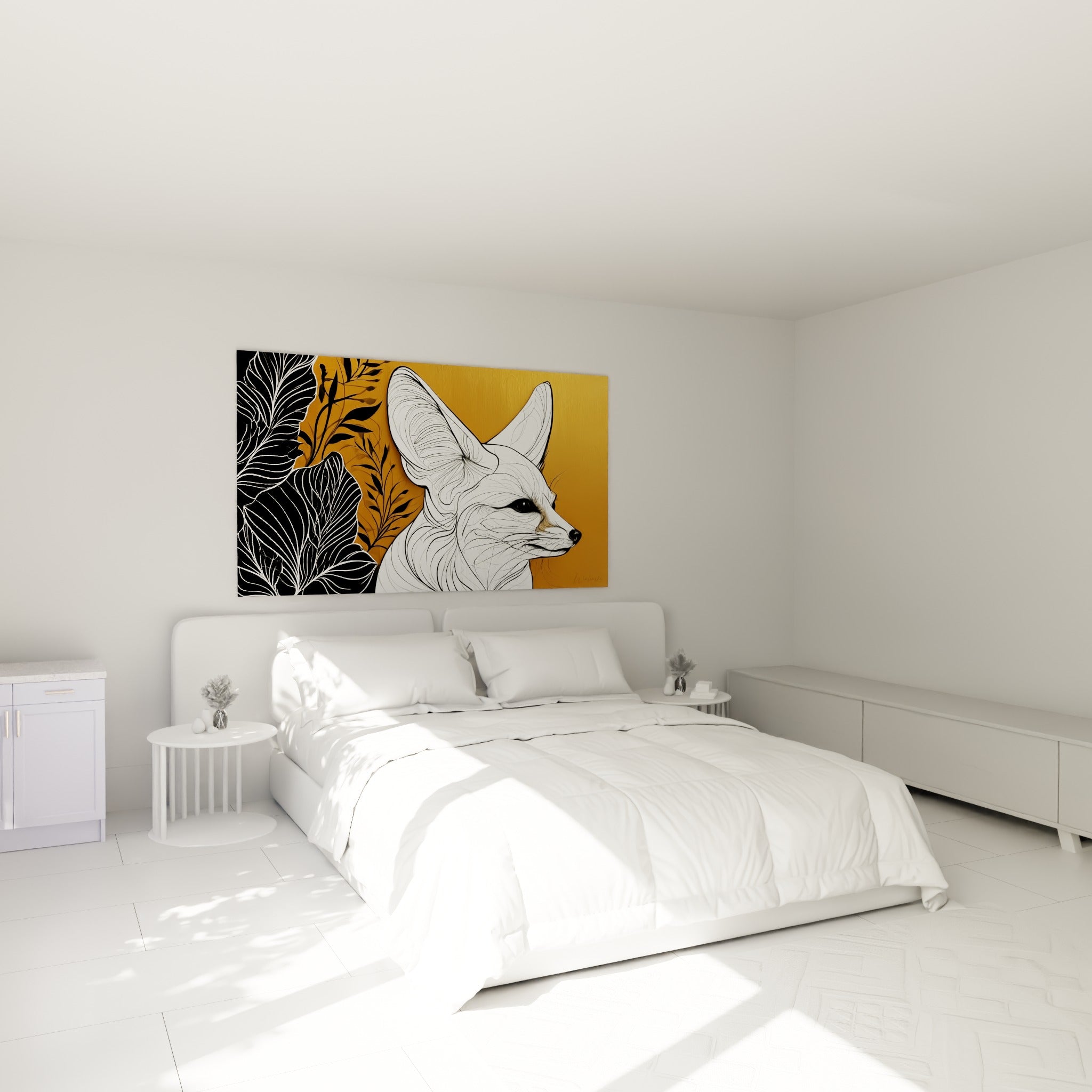 Oreilles dressées du fennec sur fond ocre, accroché au-dessus d'un lit dans une chambre claire