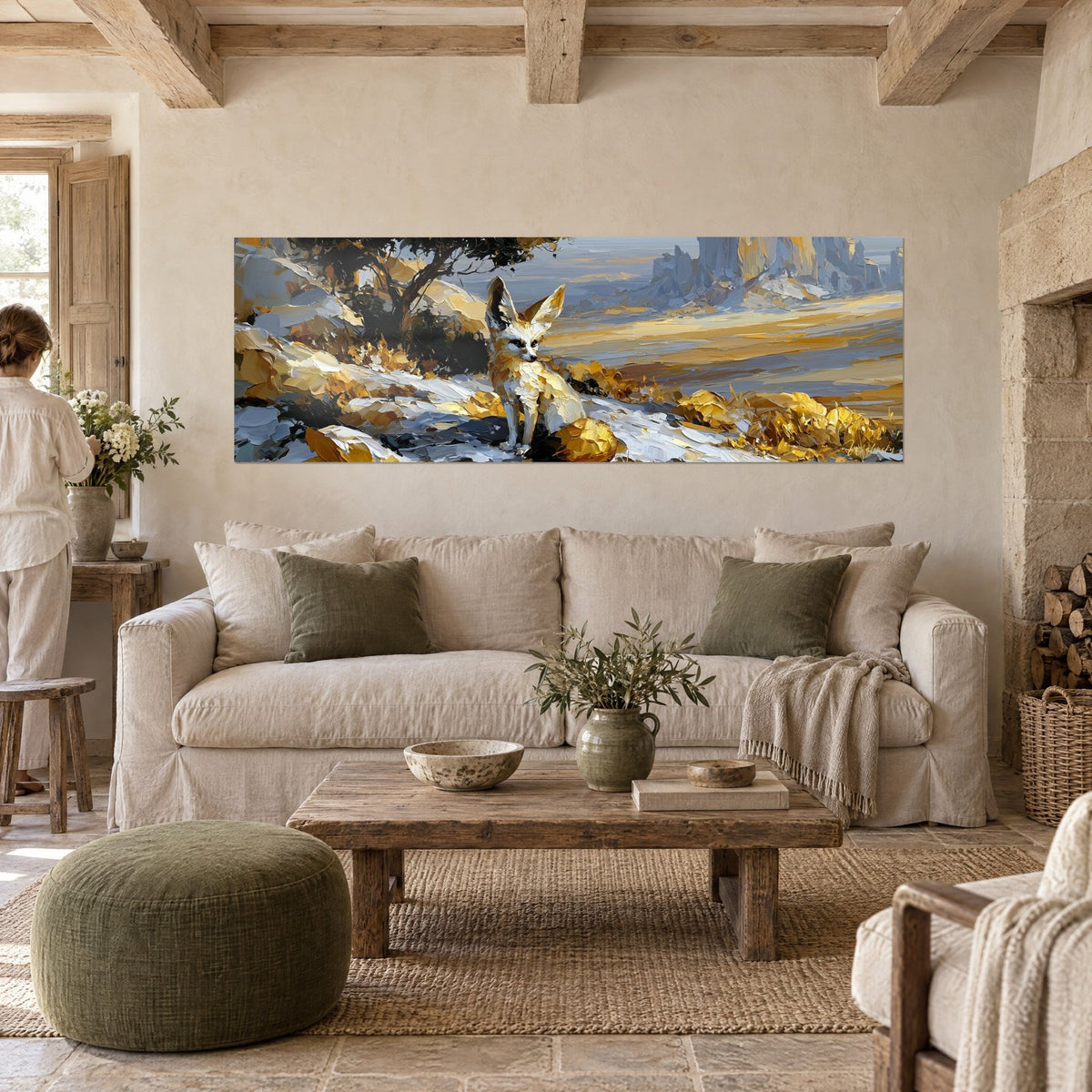Wall art fennec fox with large golden ears under a tree, white and ochre palette knife painting, above a sofa in a bright living room