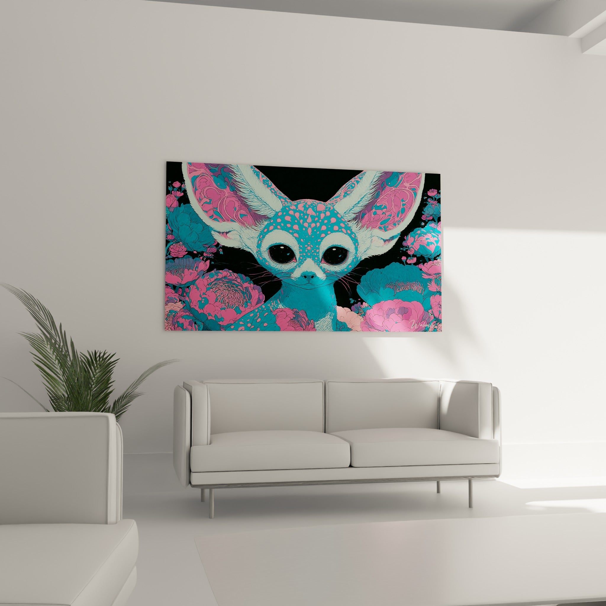 Oreilles fleuries roses et pelage turquoise moucheté du fennec suspendus au-dessus d'un canapé dans un salon lumineux