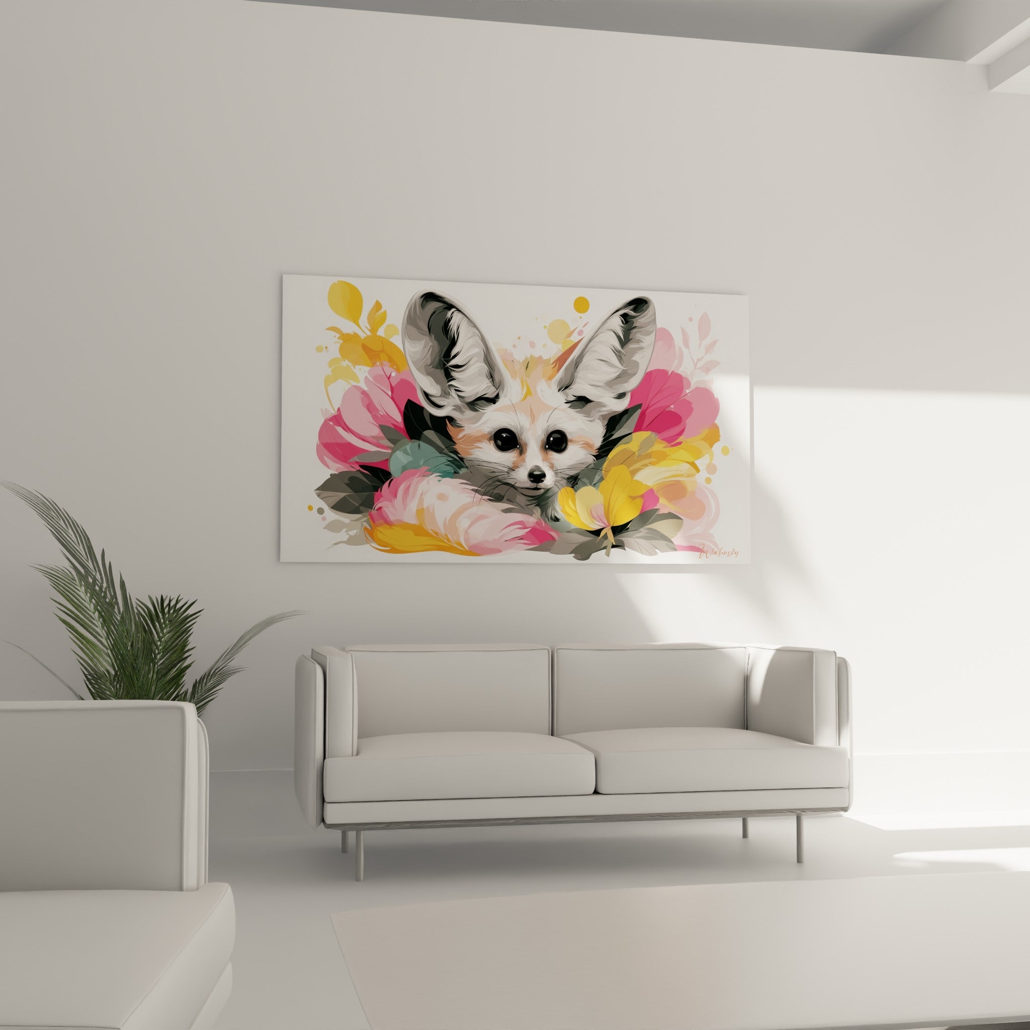 Grandes oreilles grises du fennec émergeant de fleurs dorées, au-dessus d'un canapé dans un salon lumineux