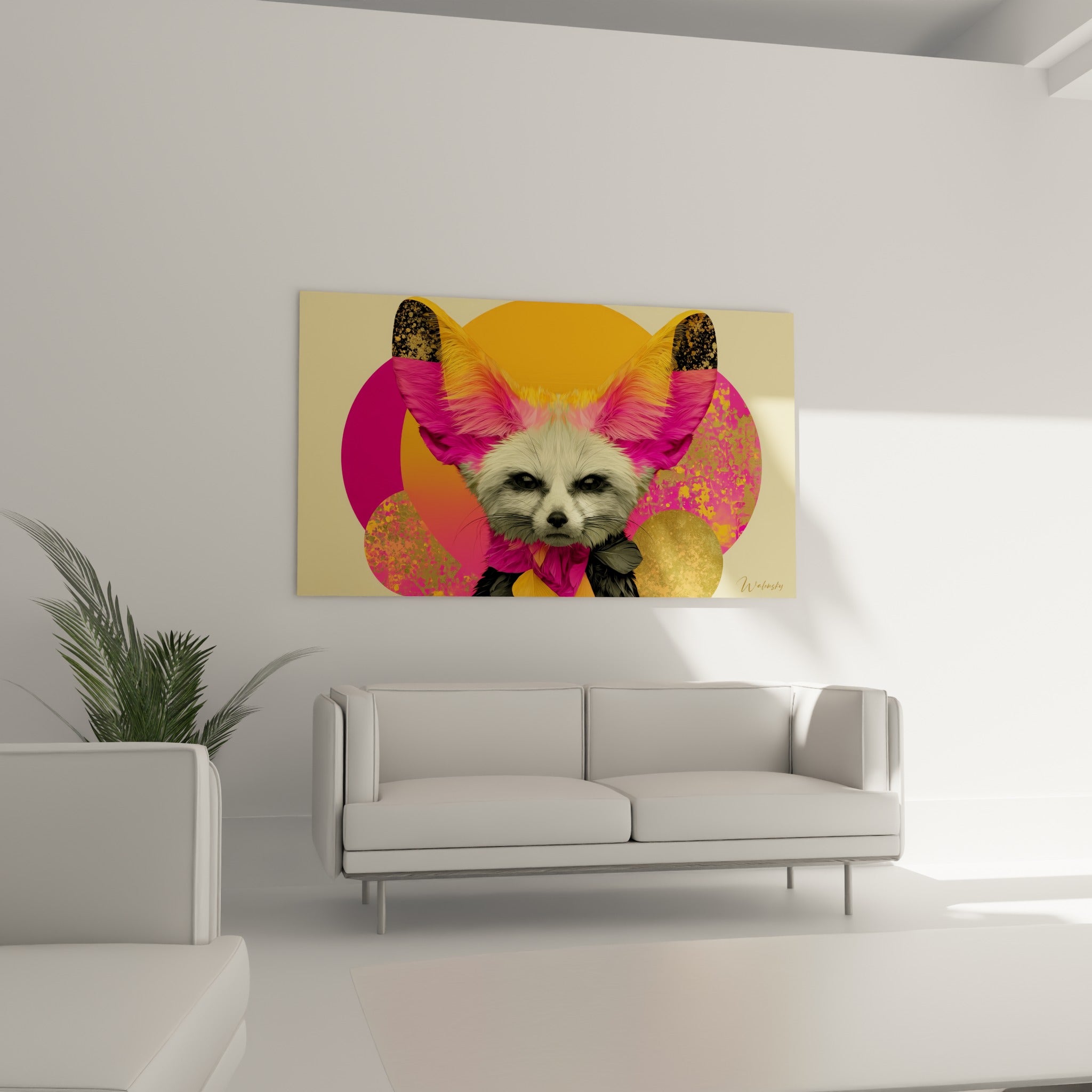 Oreilles immenses du fennec en dégradé fuchsia et pointes anthracite, au-dessus d'un canapé dans un salon lumineux