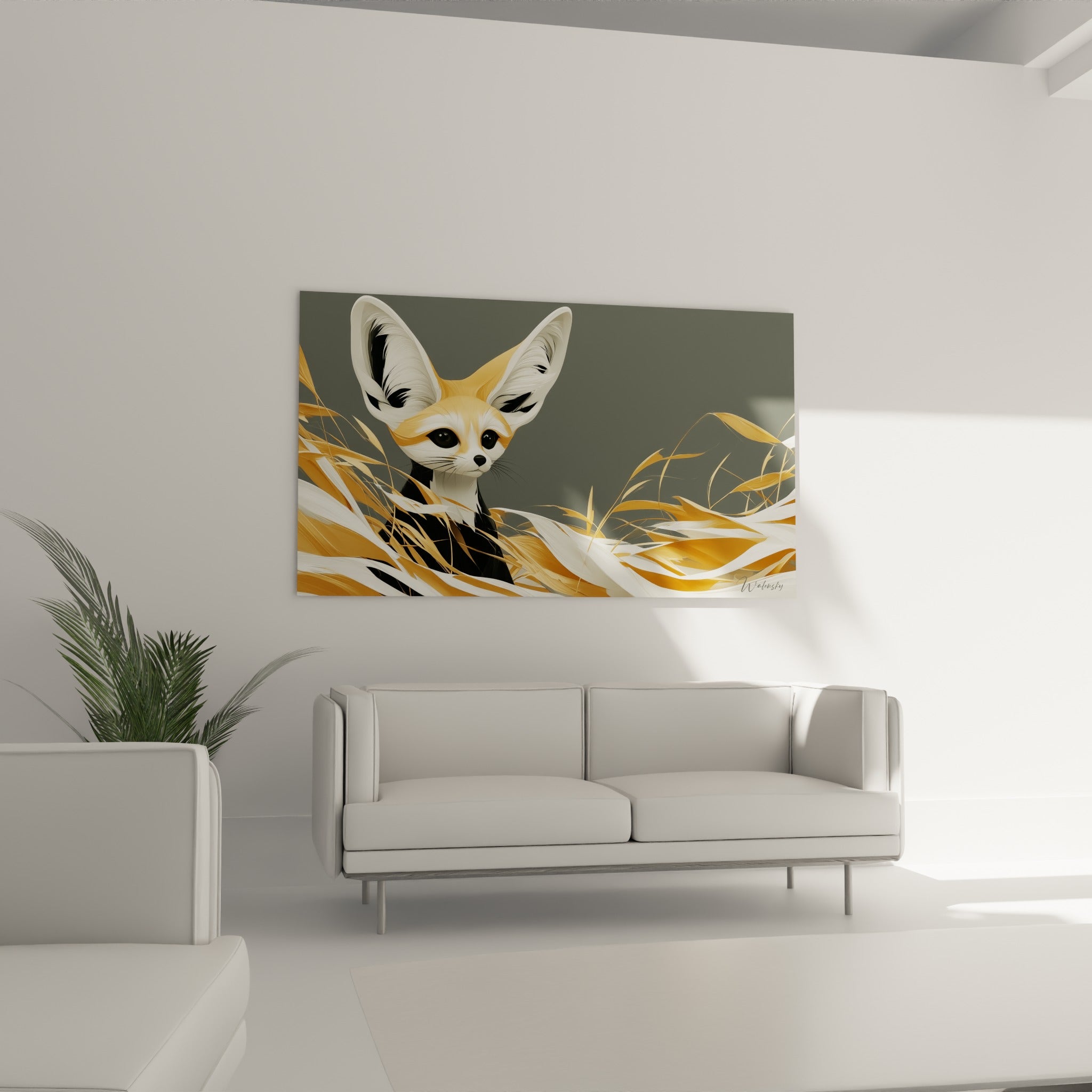 Oreilles immenses du fennec blanc et doré émergeant des herbes, au-dessus d'un canapé dans un salon lumineux