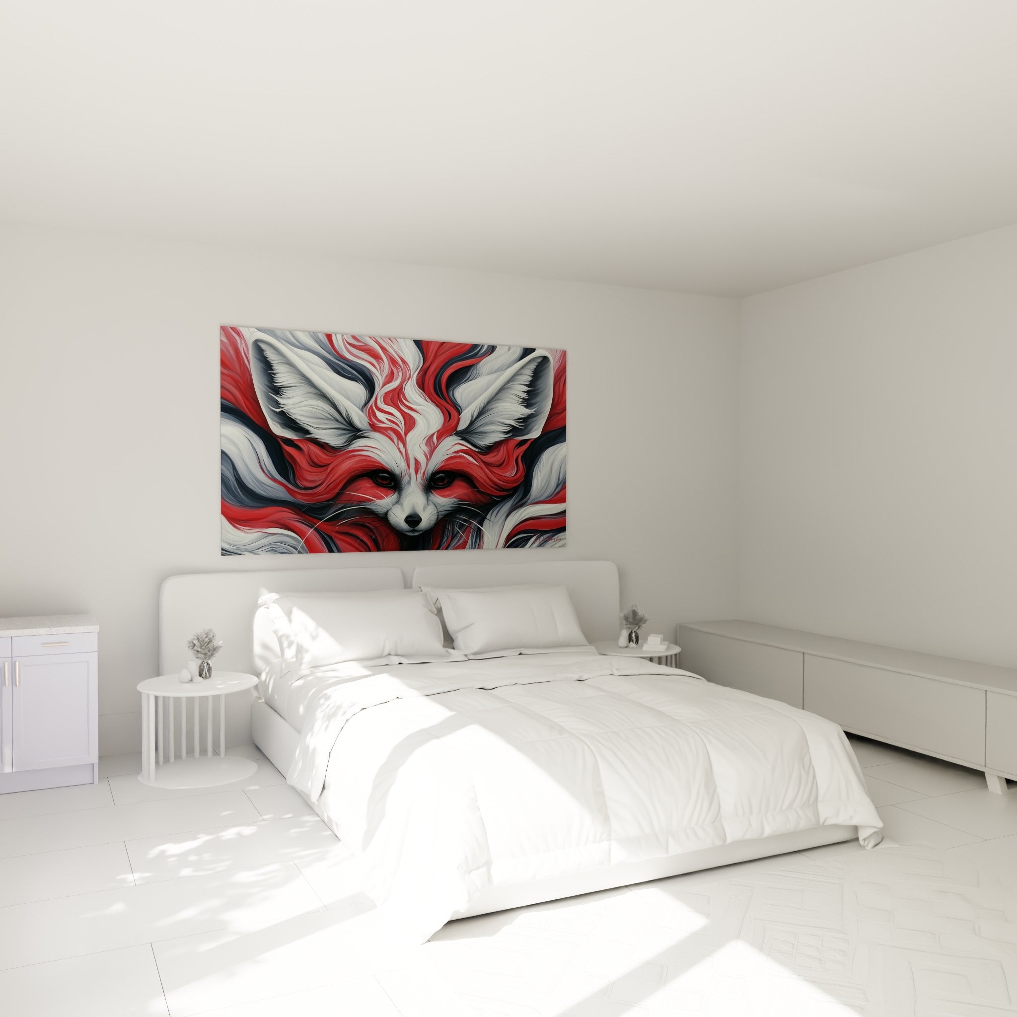 Portrait de fennec rouge et blanc aux oreilles déployées, au-dessus d'un lit dans une chambre claire