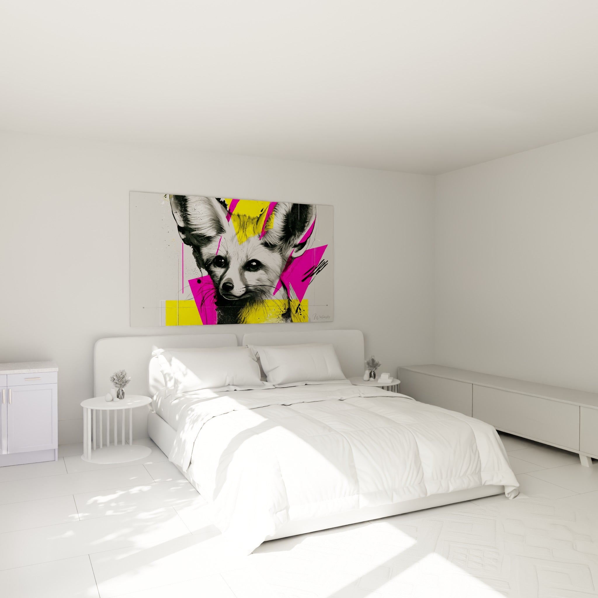 Petit renard du désert aux oreilles dressées, touches roses et jaunes, au-dessus d'un lit dans une chambre claire