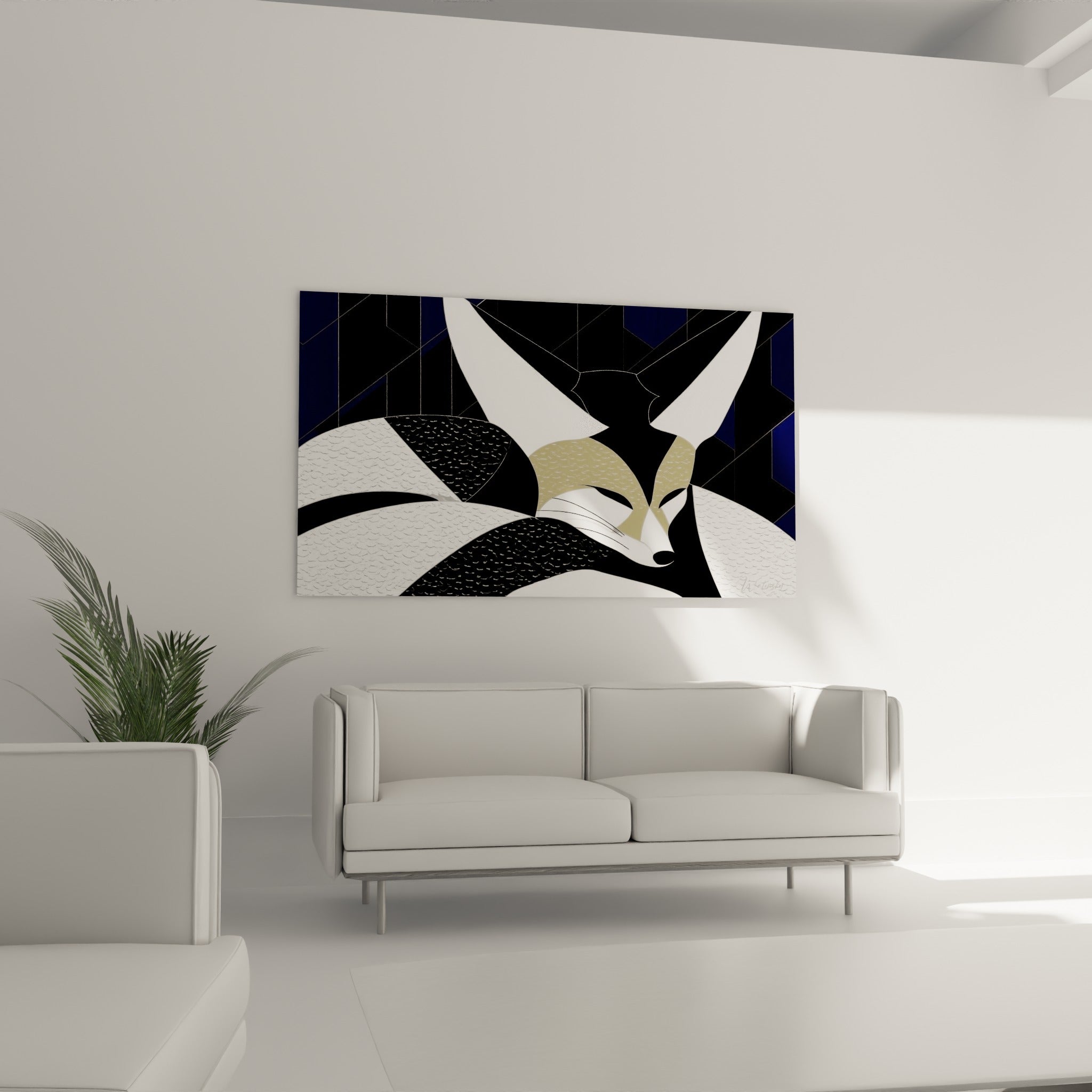 Oreilles noires et blanches du fennec disposées au-dessus d'un canapé dans un salon lumineux