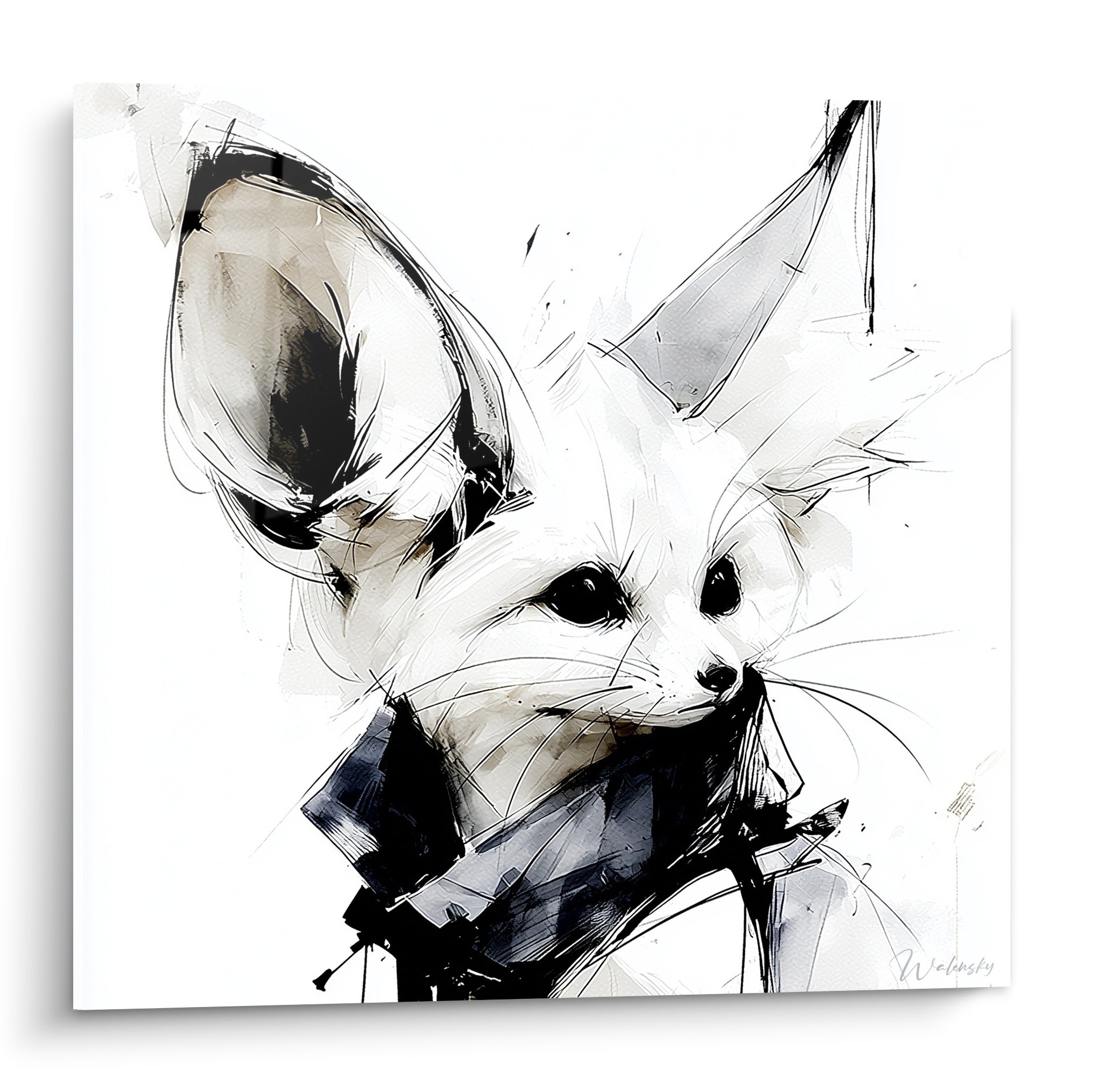 Fennec au museau blanc et oreilles noir encré, esquisse graphique sur fond blanc épuré