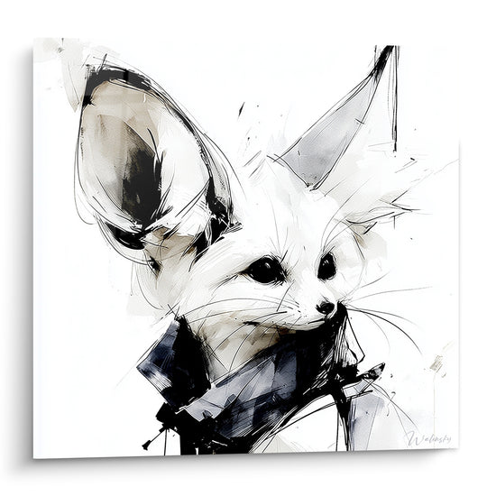 Fennec au museau blanc et oreilles noir encré, esquisse graphique sur fond blanc épuré