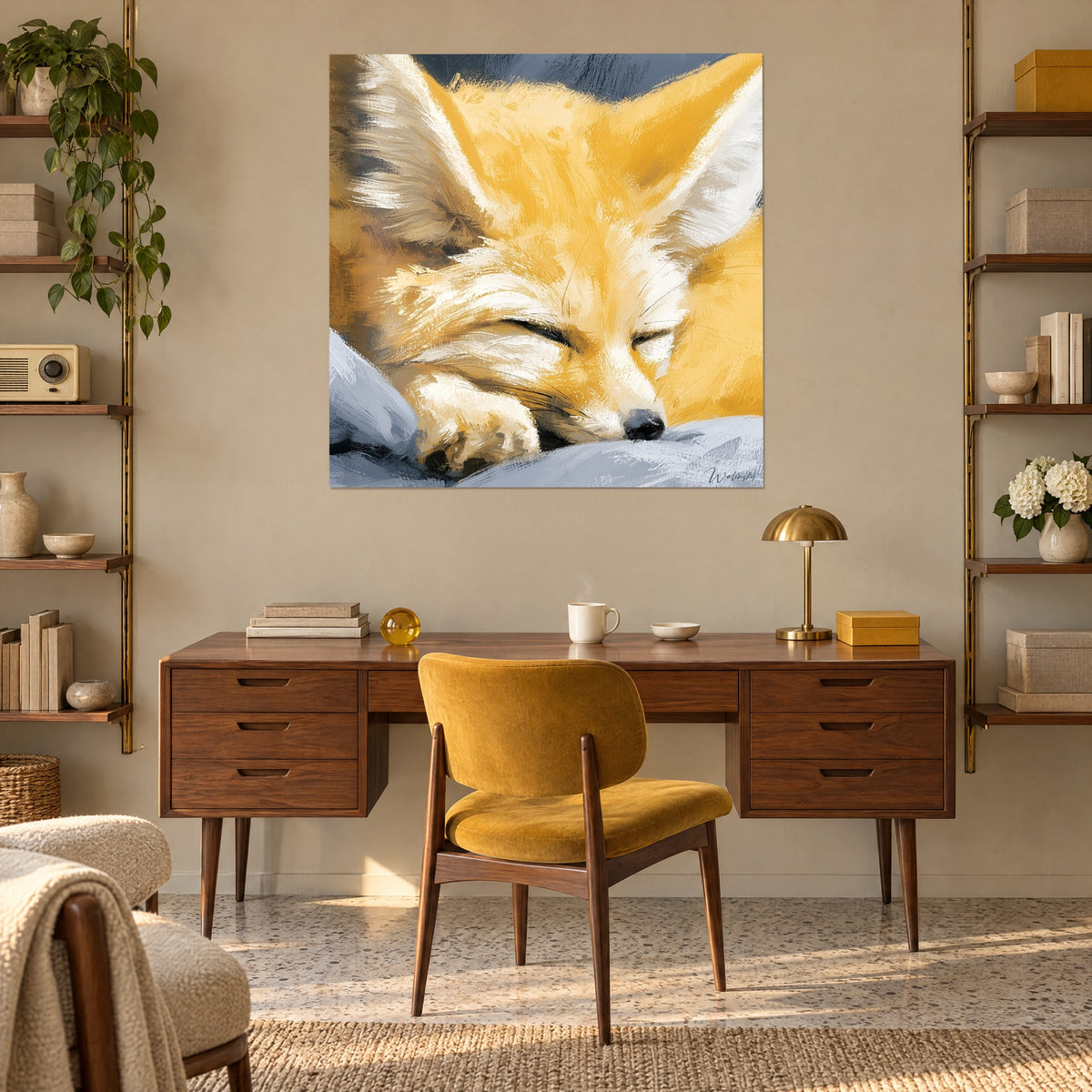 Quadro muso nero e orecchie giganti di una volpe fennec giallo miele, sfondo grigio ardesia, appeso sopra una scrivania in teak