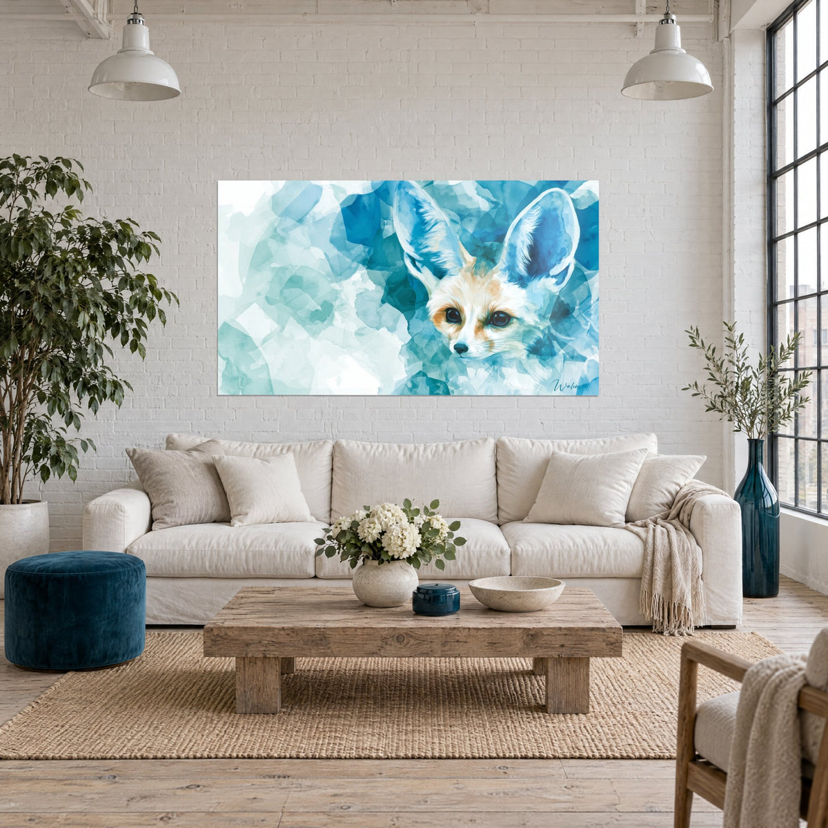 Cuadro zorro del desierto con enormes orejas azul turquesa y hocico crema, sobre un sofá en un salón luminoso