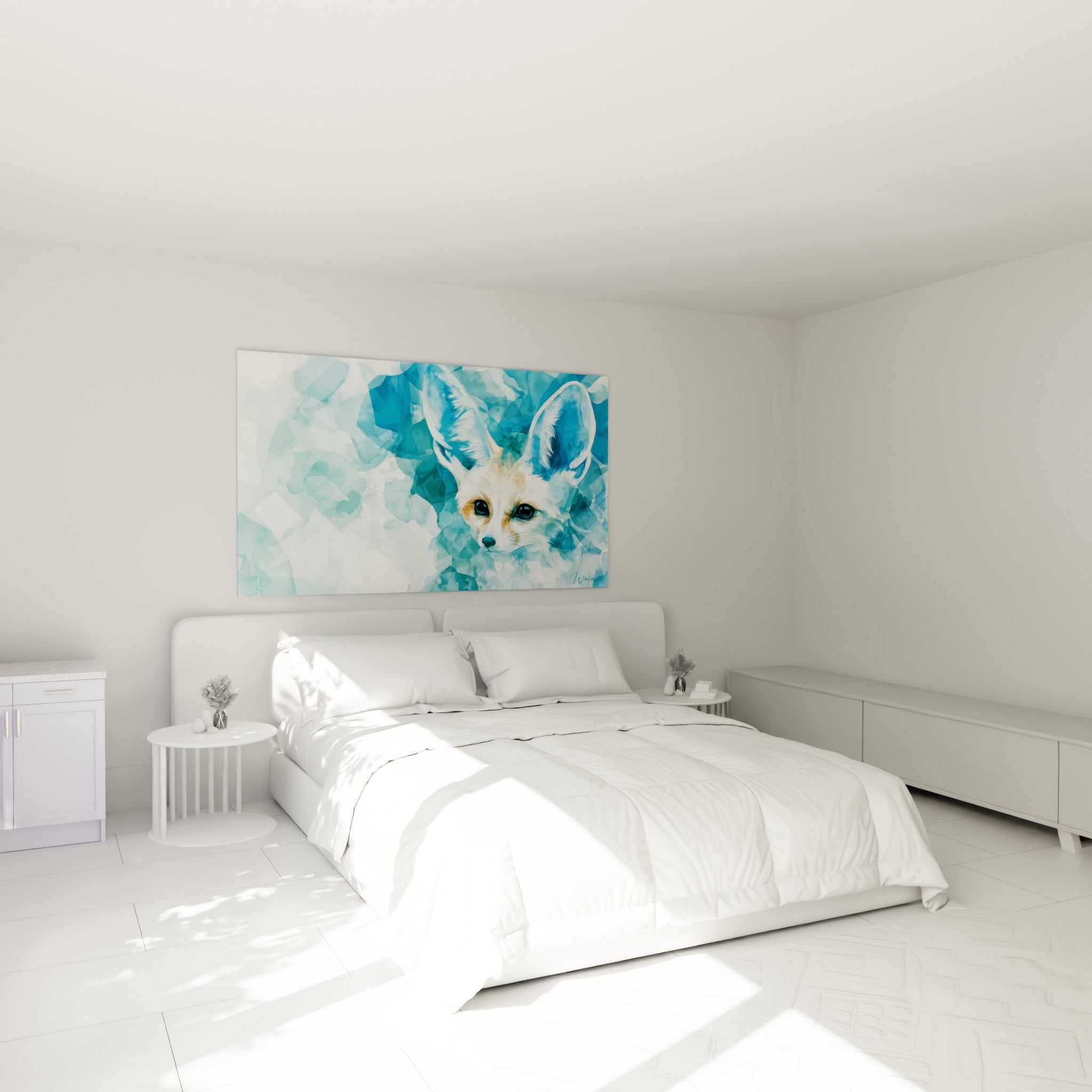 Oreilles démesurées d'un fennec ocre et turquoise, accroché au-dessus d'un lit dans une chambre claire