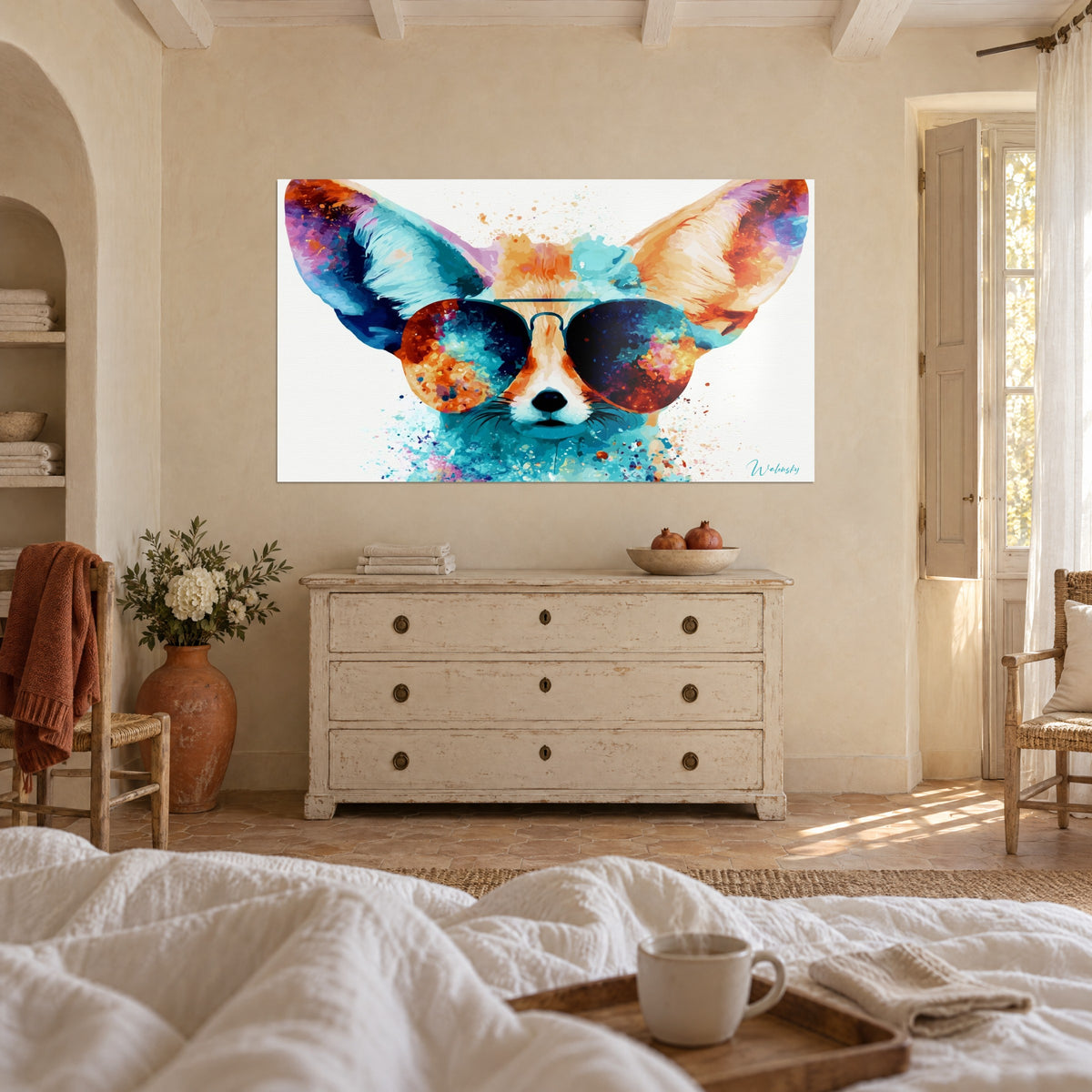 Quadro piccola volpe del deserto, grandi orecchie viola e ocra, montatura aviatore, riflessi turchesi, sopra un letto in una camera luminosa