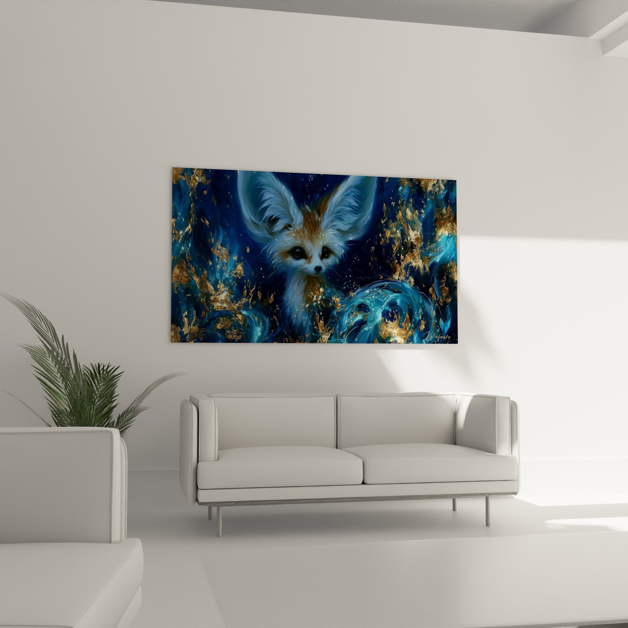 Oreilles déployées du fennec doré sur fond bleu profond, au-dessus d'un canapé dans un salon lumineux