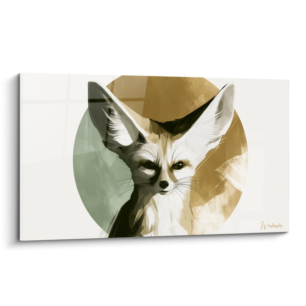 Tableau Fennec blanc et ocre sur cercle bicolore - Portrait au disque vert - Edition Fennec