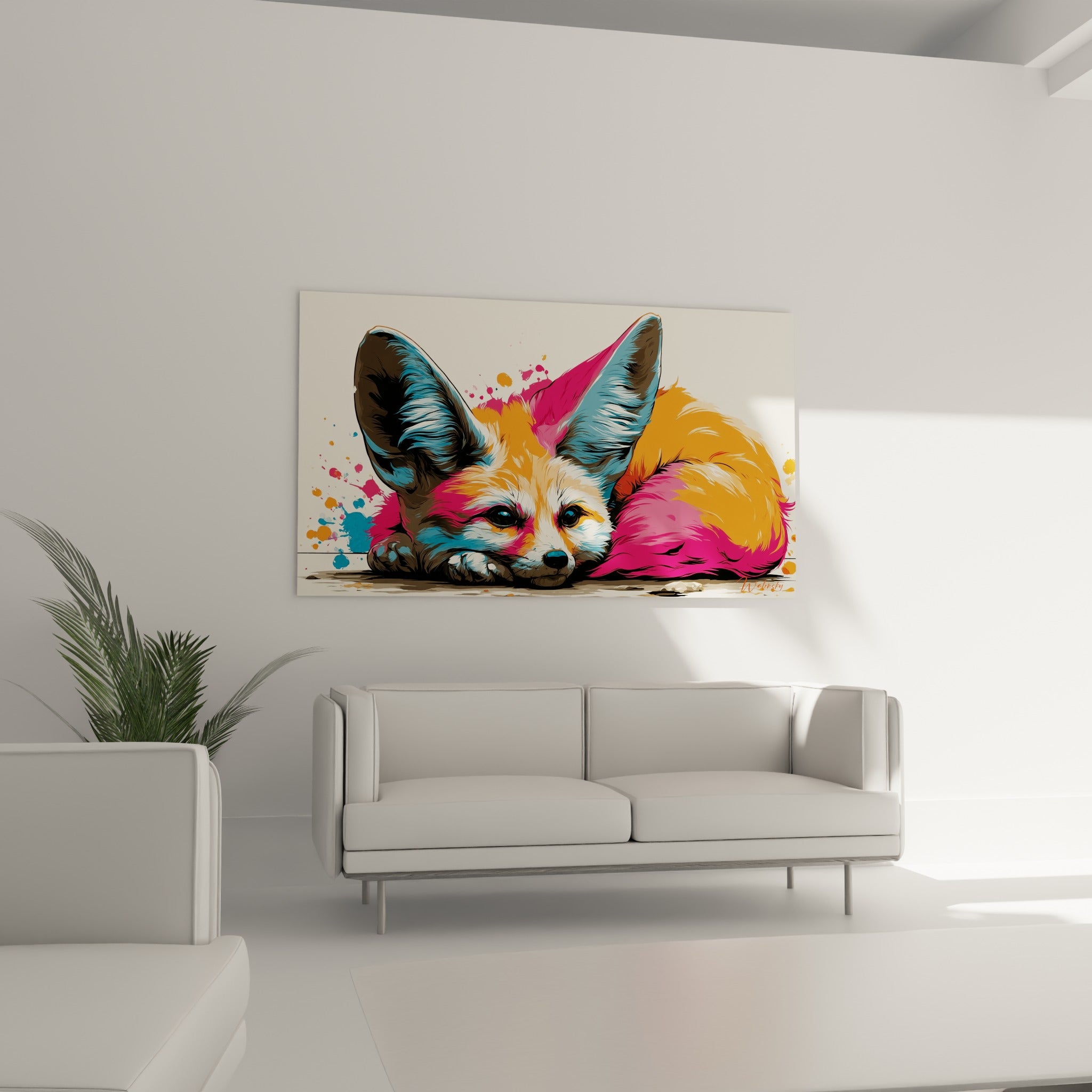 Oreilles dressées roses et bleues du fennec sur fond ivoire, disposé au-dessus d'un canapé dans un salon lumineux