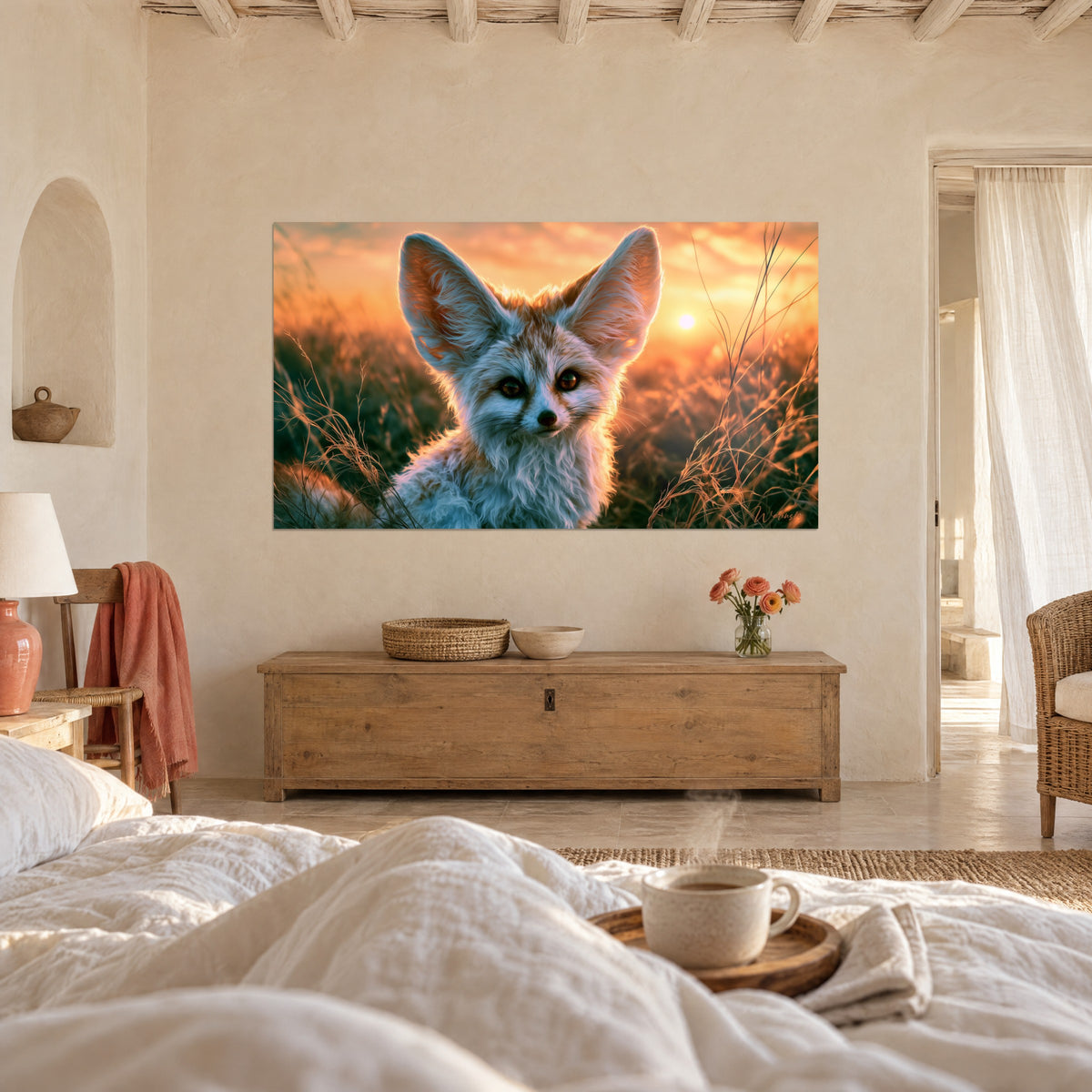 Gemälde Wüstenfuchs mit feiner Schnauze und braunen Augen, orangefarbener und türkisfarbener Himmel, über einem Bett in einem hellen Schlafzimmer
