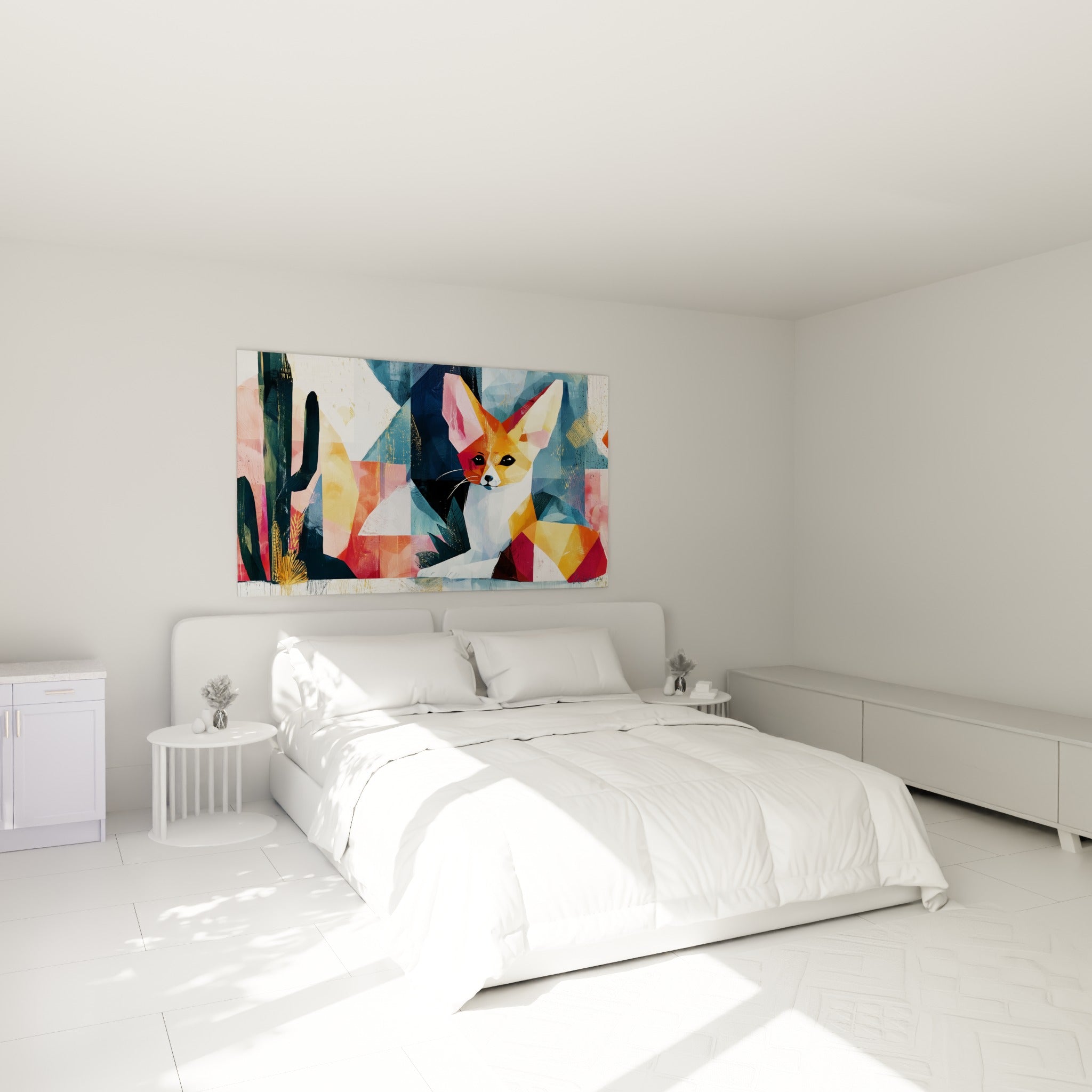 Petit renard des sables en formes cubistes roses et ocre au-dessus d'un lit dans une chambre claire