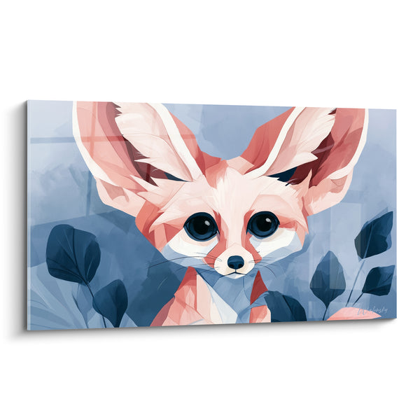 Tableau Fennec rose et bleu parmi les feuillages sombres - Grands yeux d'encre - Edition Fennec
