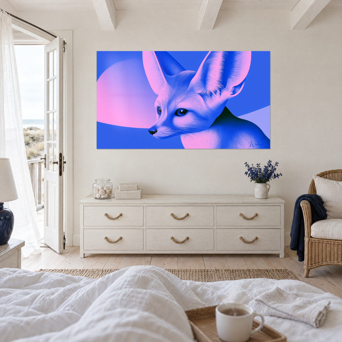 Wall art portrait of a fennec fox with upright ears, indigo and pale pink tones, hung above a bed in a bright bedroom