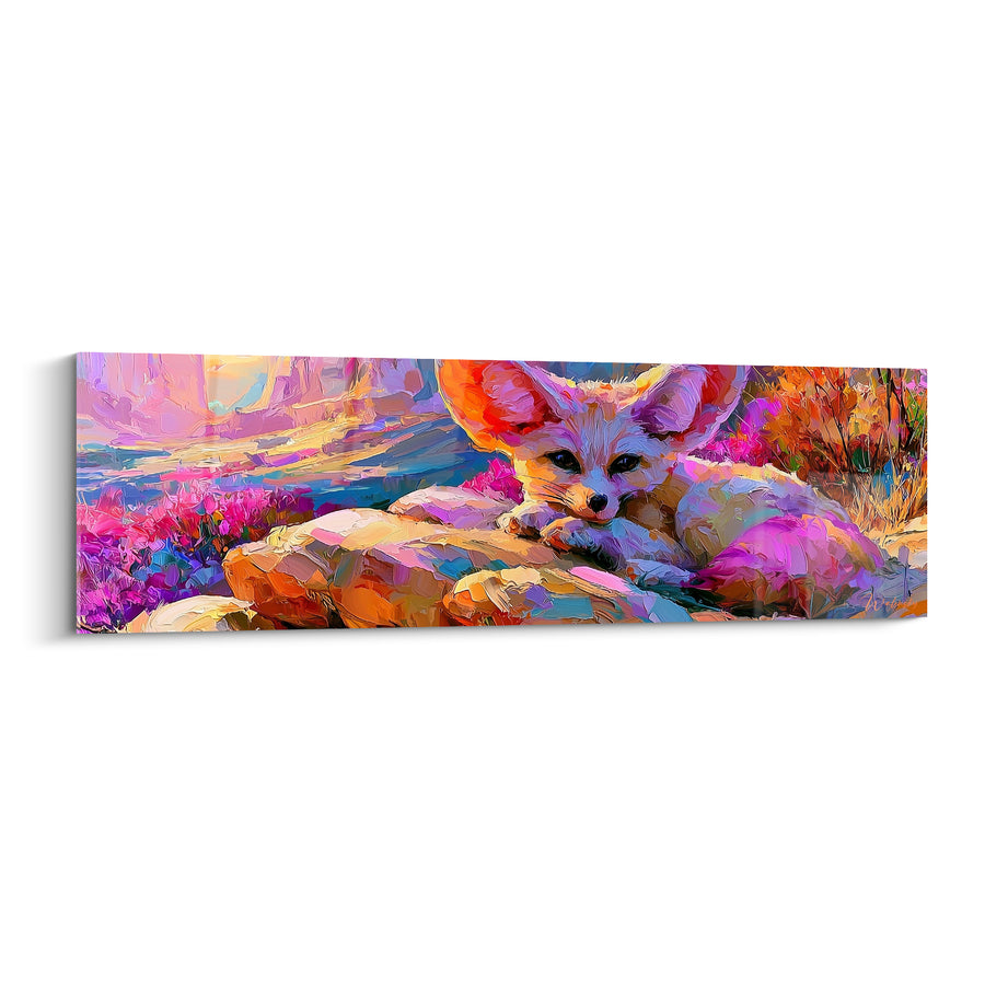 Tableau Fennec allongé aux oreilles roses sur rochers colorés - Halte au crépuscule - Edition Fennec