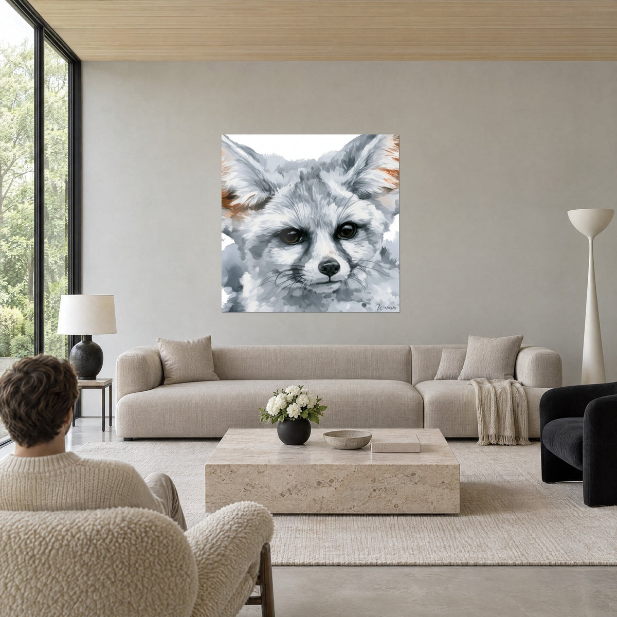 Wall art desert fox with large ears in pearl grey and russet, brown gaze, above a sofa in a bright living room