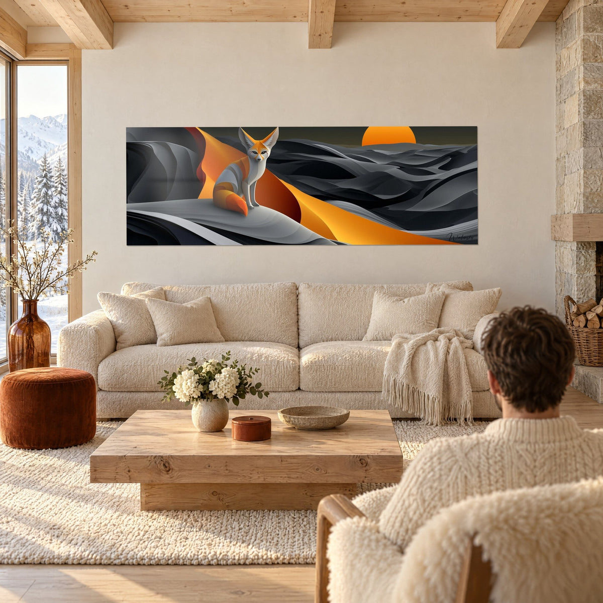 Wall art desert fox with huge ears, grey and orange fur, black dunes and round sun, above a sofa in a bright living room