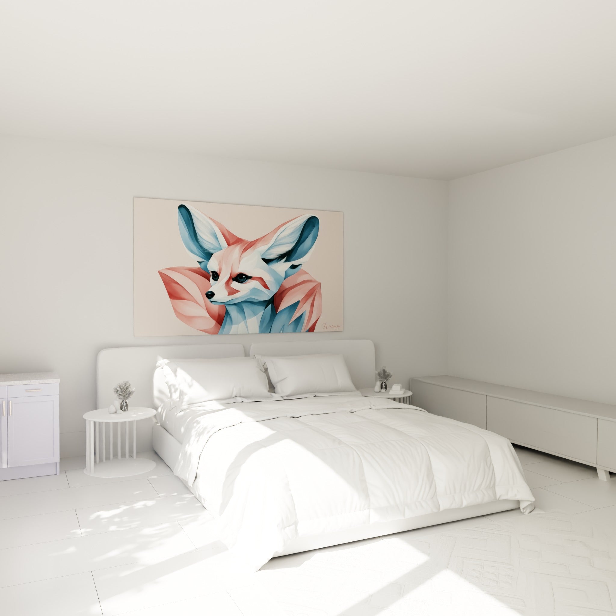Portrait de fennec rose et bleu pastel accroché au-dessus d'un lit dans une chambre claire