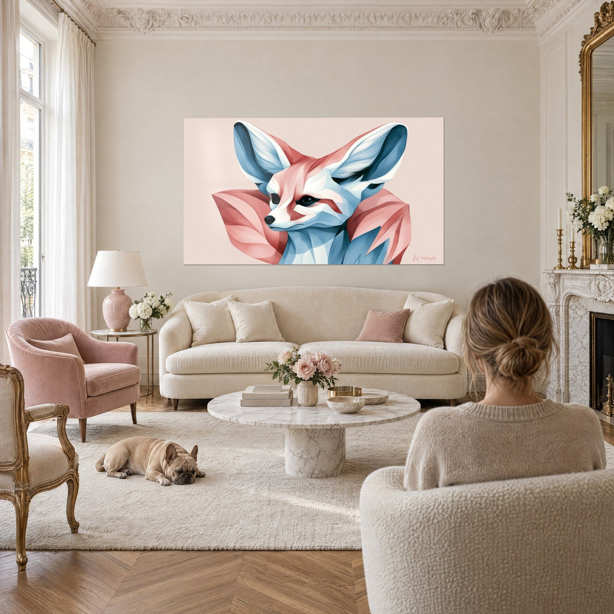 Wall art stylized fennec with blue and pink ears, white muzzle, pale pink background, above a sofa in a bright living room