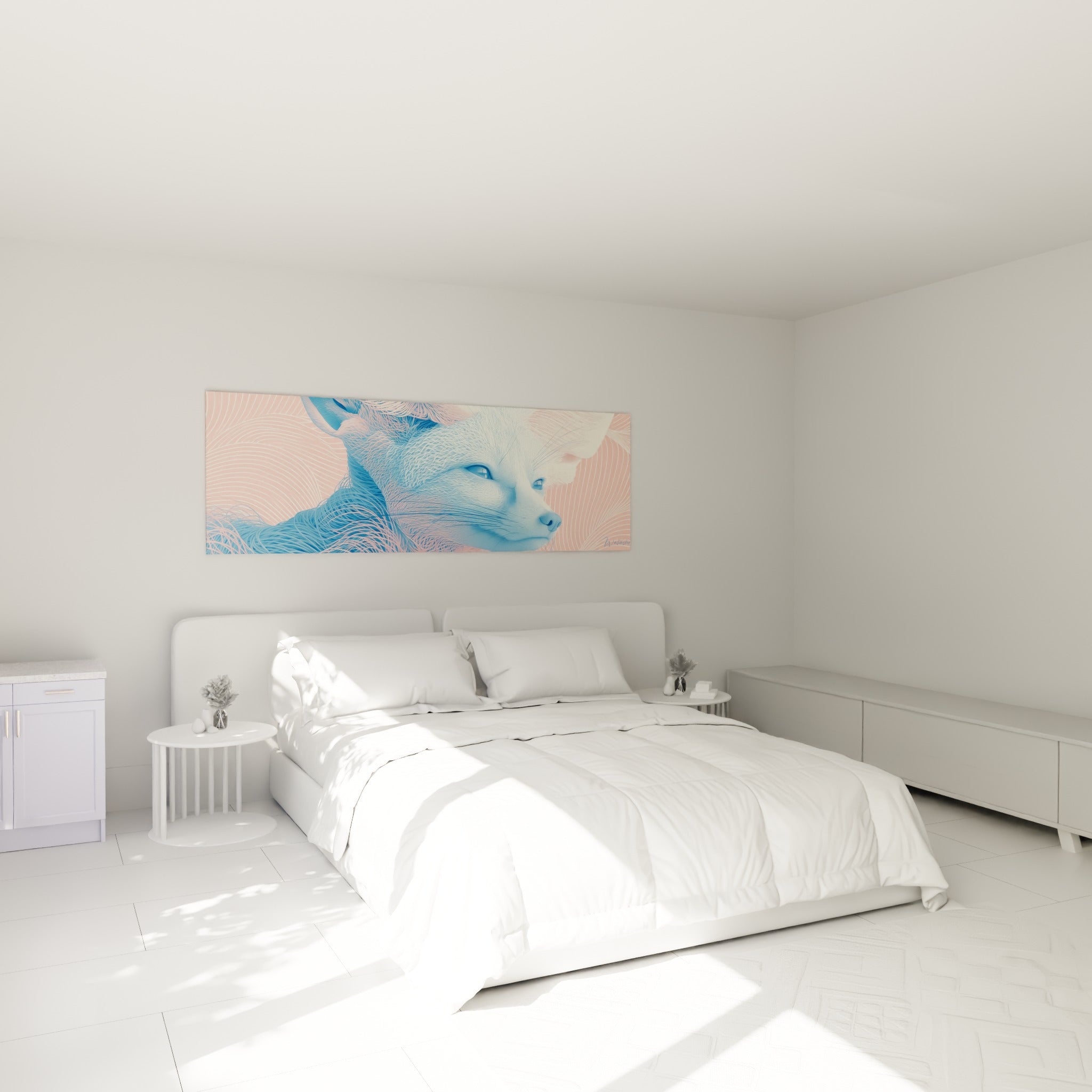 Museau de fennec bleu pastel et rose poudré, oreilles dressées, au-dessus d'un lit dans une chambre claire