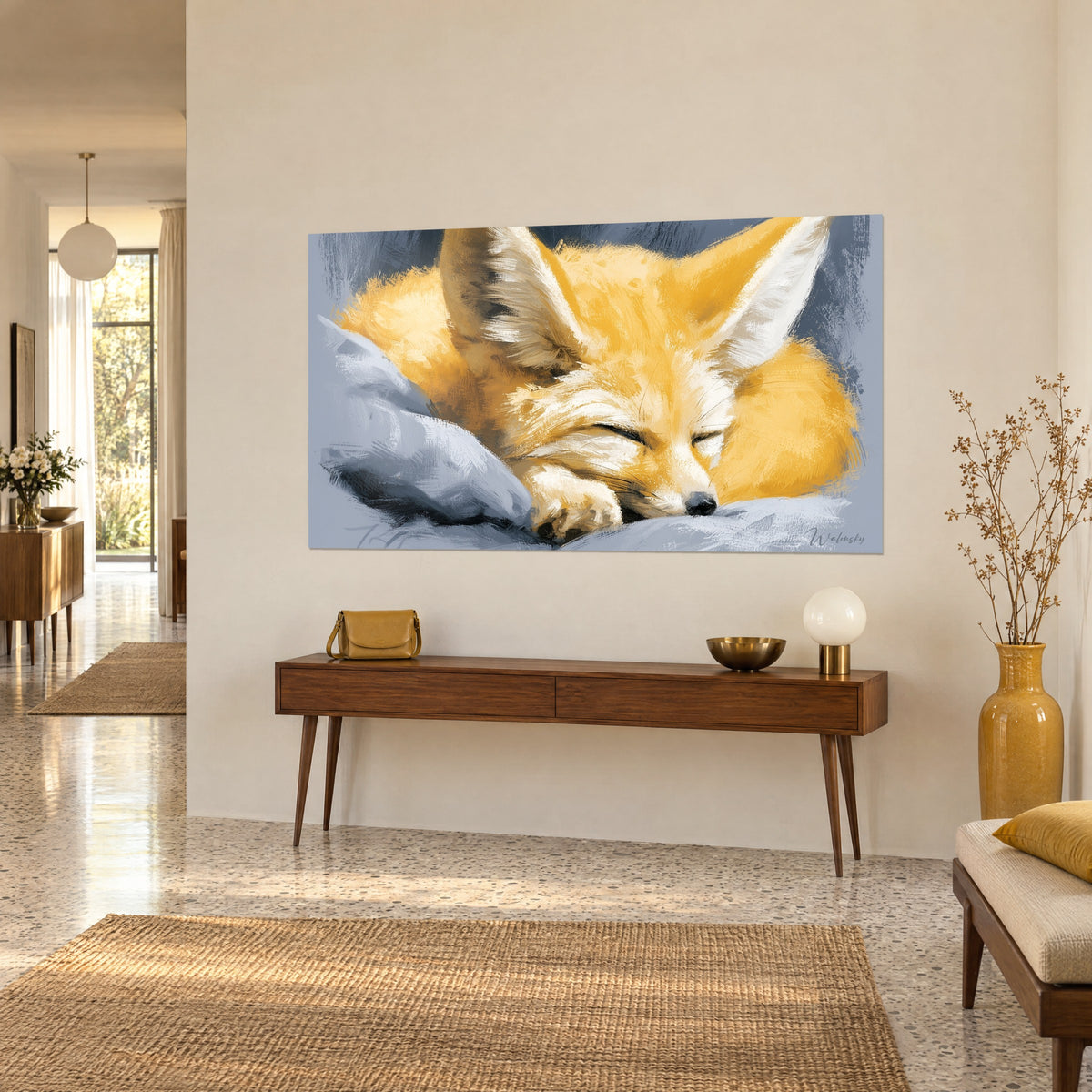 Wall art of a fennec fox with huge white ears and golden ochre fur, eyes closed, placed above a wooden console, three-quarter view