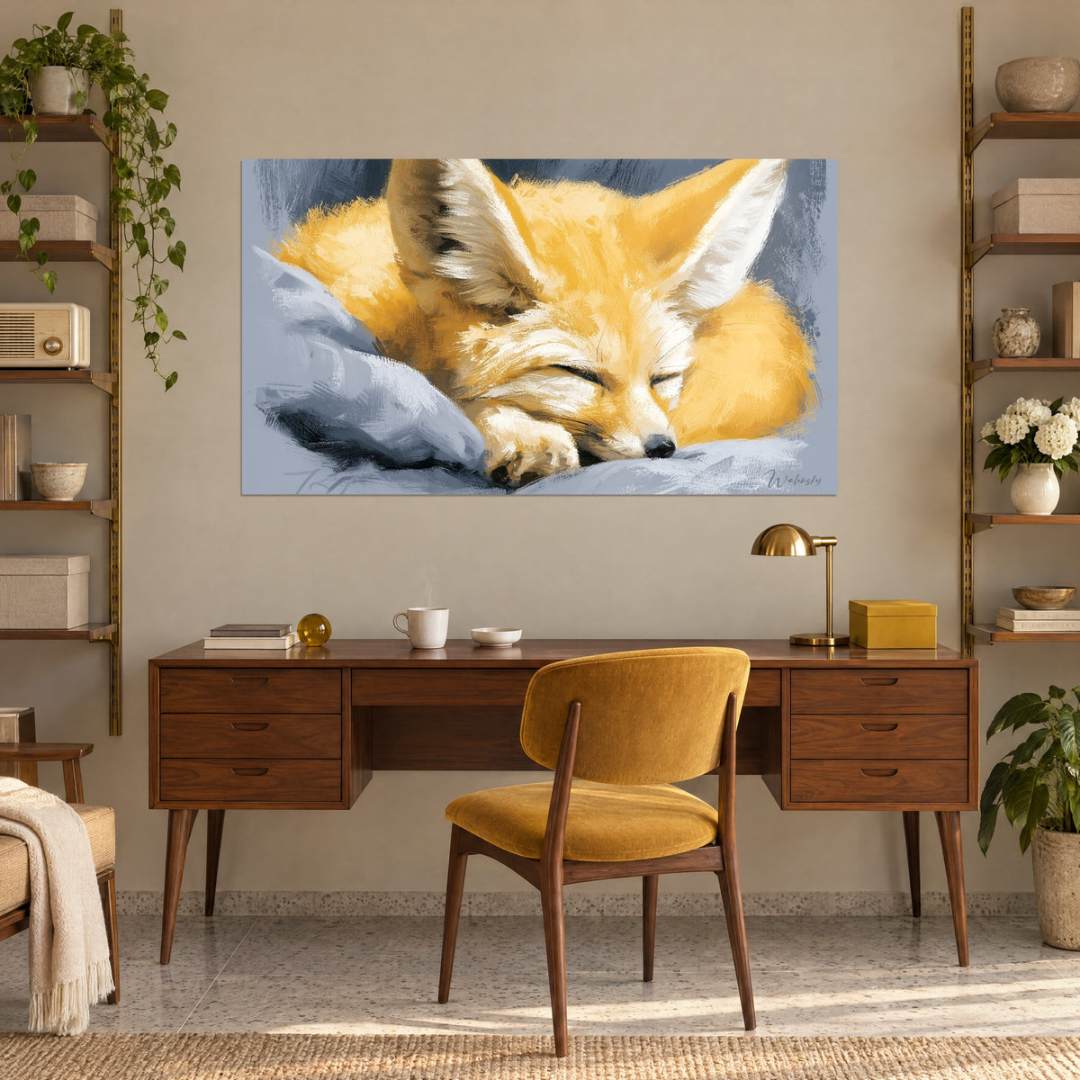 Wall art of a snuggled fennec fox, amber and cream fur, ears pointing up, facing a walnut desk and a mustard-yellow chair