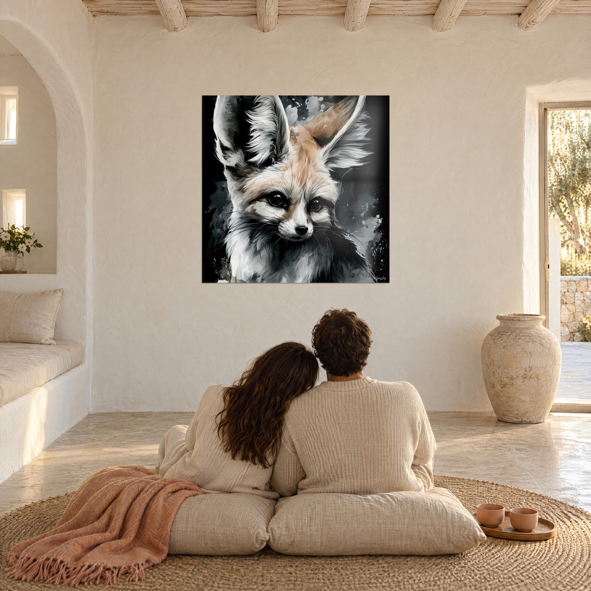 Wall art fennec fox with large ears fringed in white and sand, grey ink sparks on black, facing a couple seated on cushions
