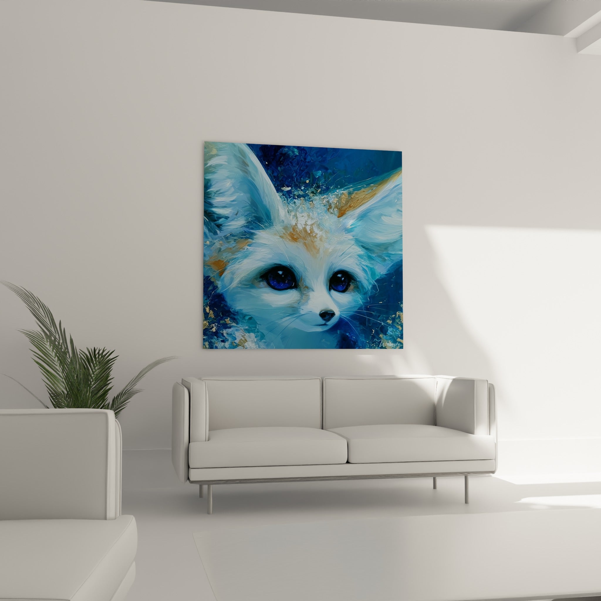 Fennec blanc aux nuances ocre et bleu marine, au-dessus d'un canapé dans un salon lumineux