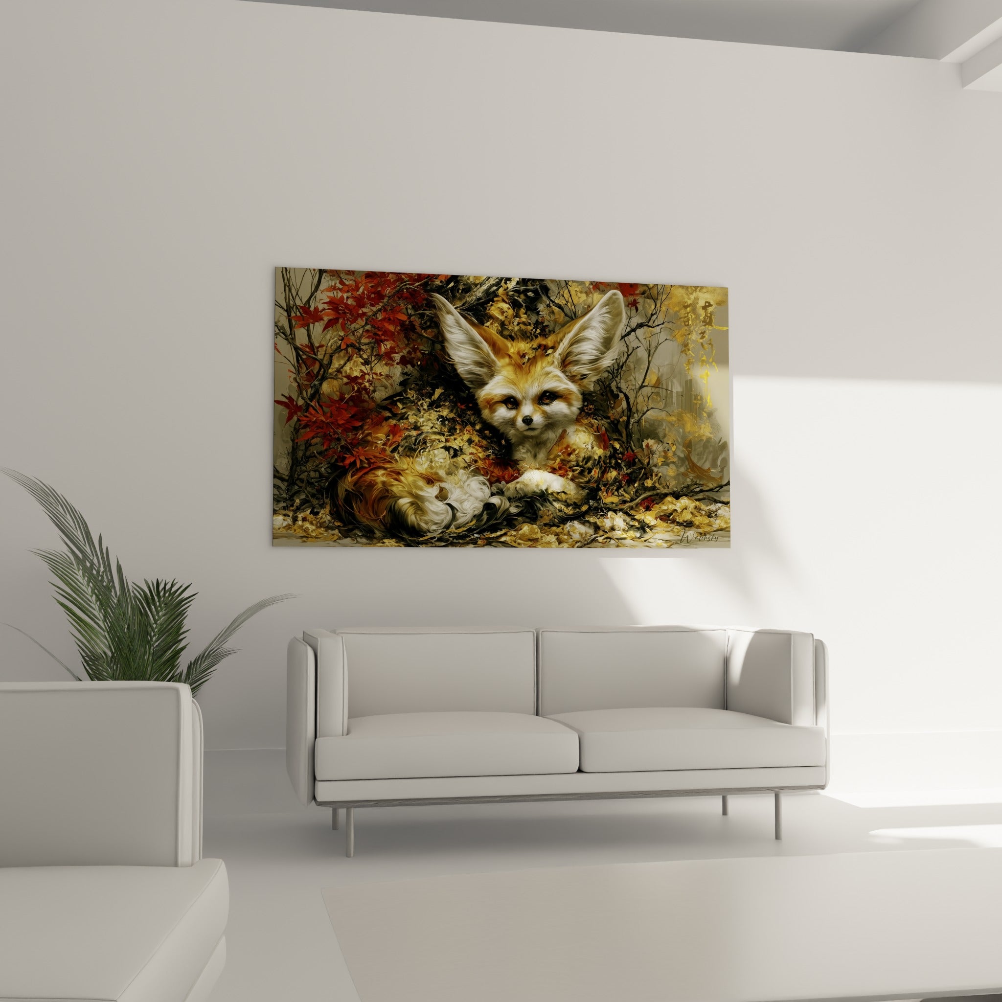 Renard des sables au pelage doré et blanc, entouré de branchages rouges, au-dessus d'un canapé dans un salon lumineux
