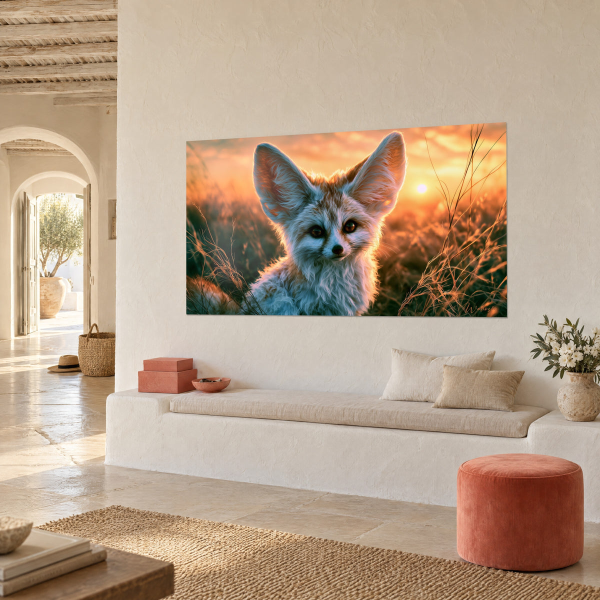 Gemälde Wüstenfuchs mit weißem und rotbraunem Fell, goldenes Hochgras im Gegenlicht, an einer hellen Steinwand