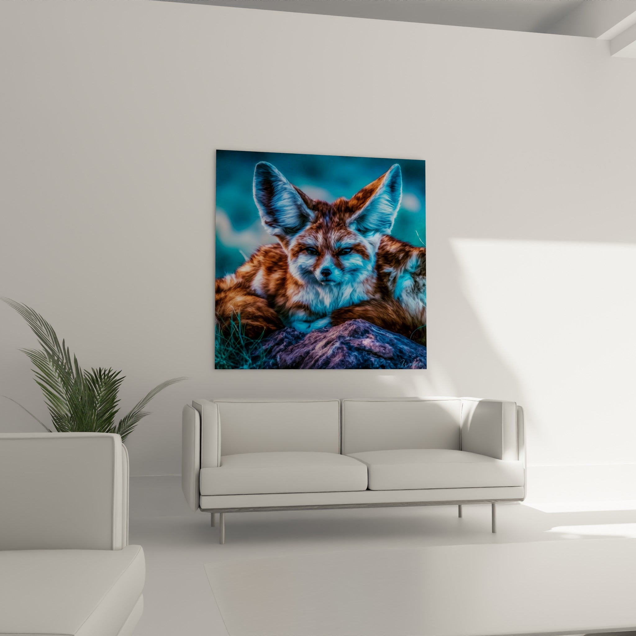 Oreilles dressées du fennec orangé sur fond bleu pétrole, toile placée au-dessus d'un canapé dans un salon lumineux
