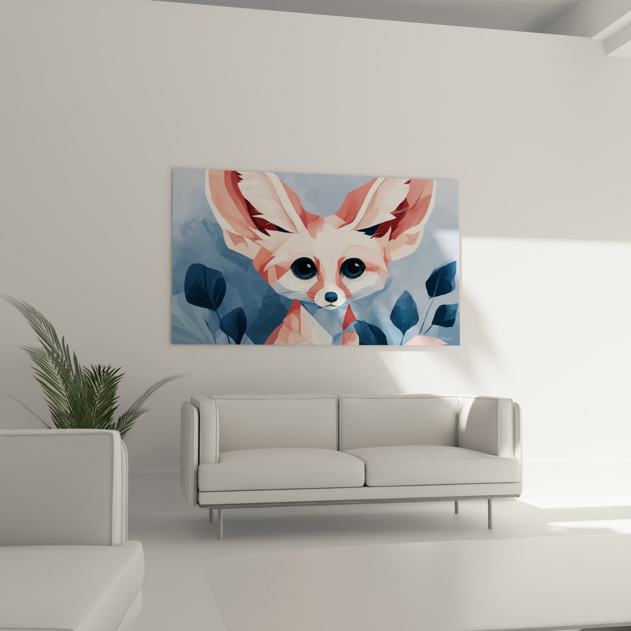Oreilles dressées et pelage saumon du fennec accrochés au-dessus d'un canapé dans un salon lumineux