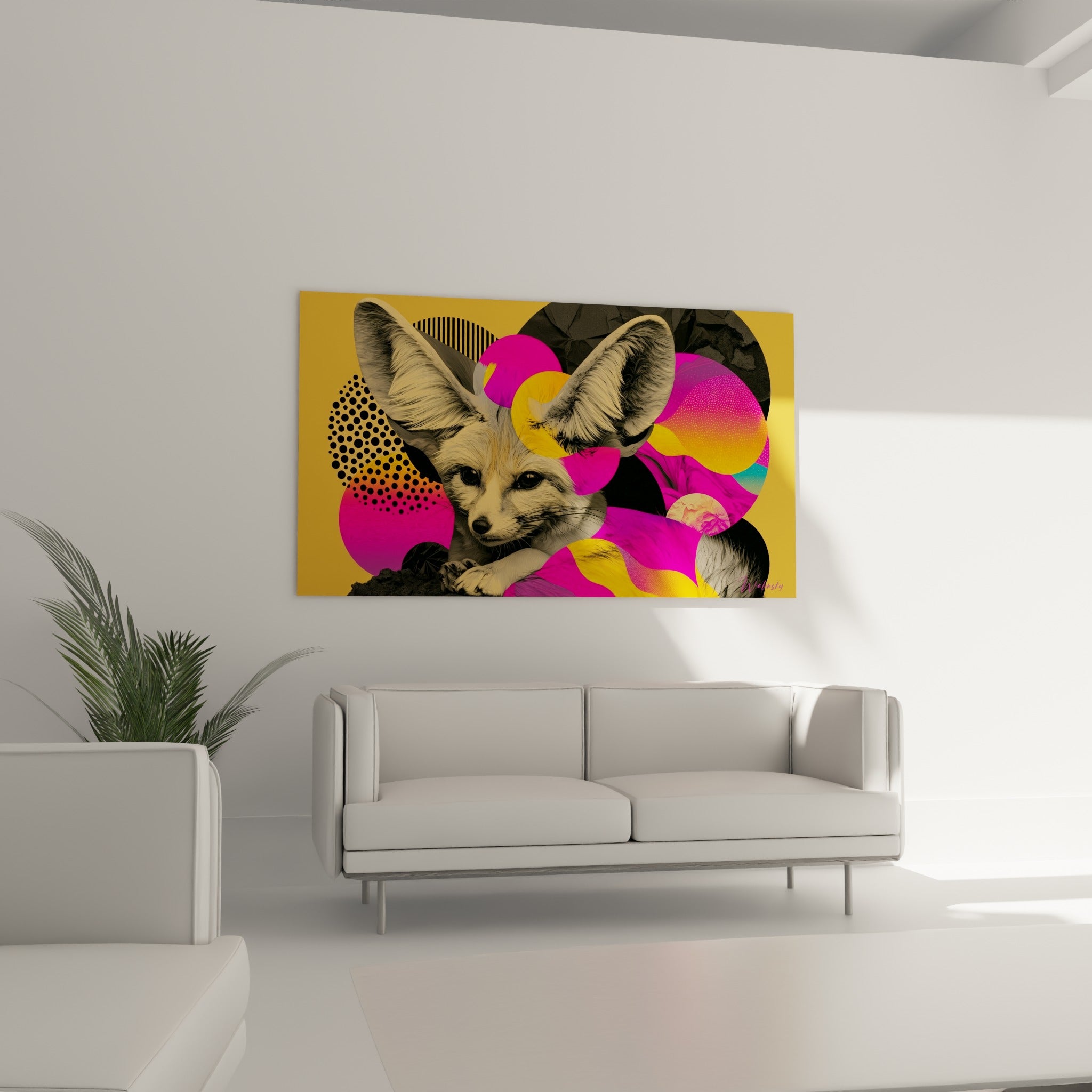 Portrait de fennec aux oreilles dressées, cerné de motifs noirs et dorés, au-dessus d'un canapé dans un salon lumineux