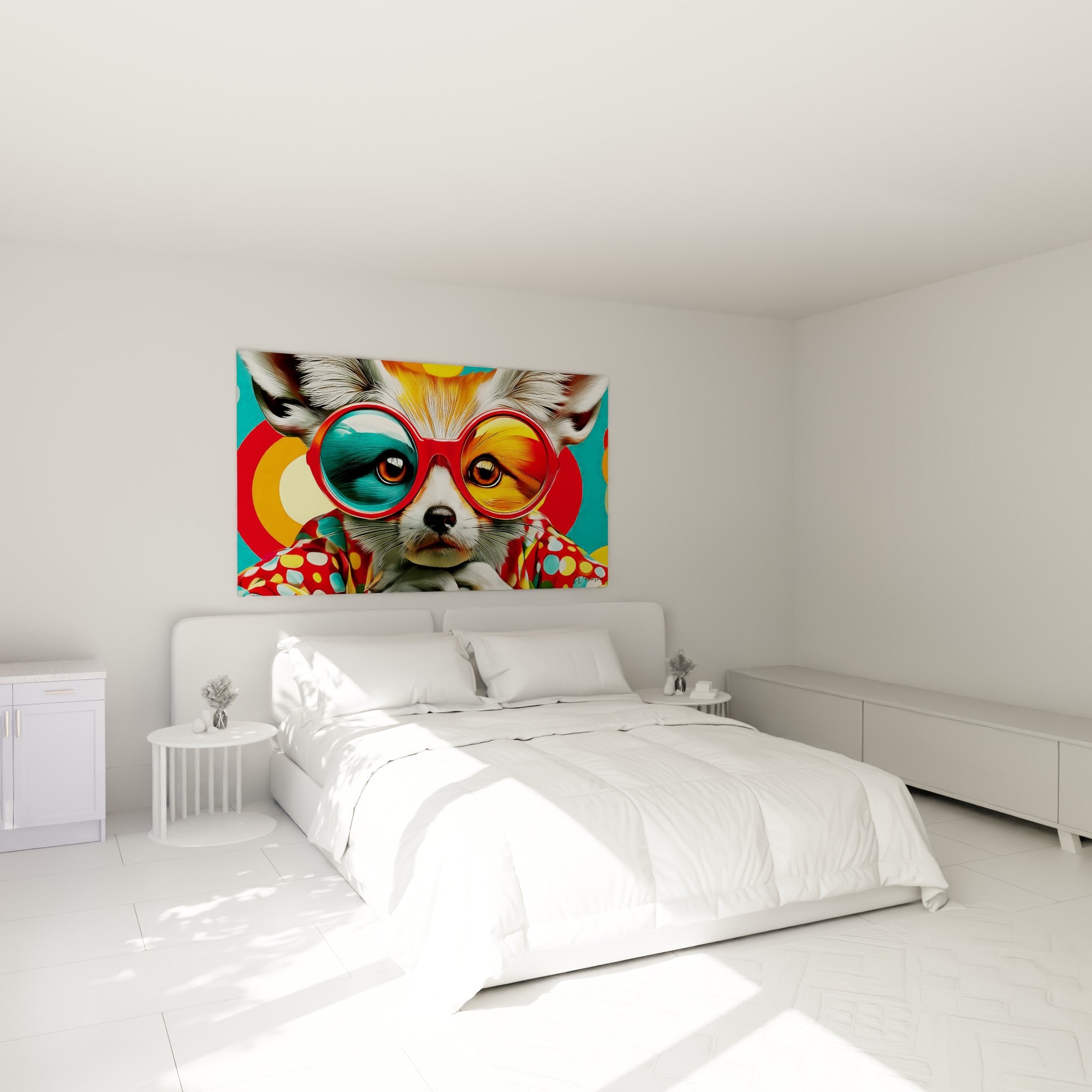 Portrait pop d'un fennec en lunettes rouges et chemise à pois, au-dessus d'un lit dans une chambre claire