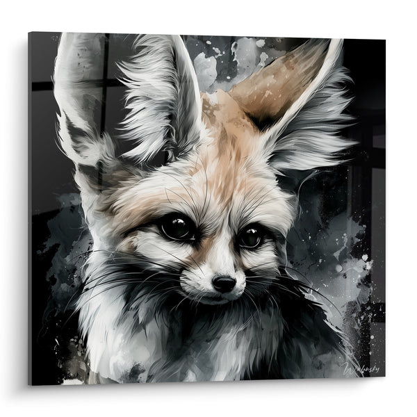 Tableau Fennec beige et noir aux longues moustaches - Éclaboussures d'encre grise - Edition Fennec