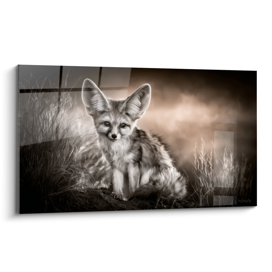 Tableau Fennec brun et blanc parmi les hautes herbes - Portrait sépia contemplatif - Edition Fennec