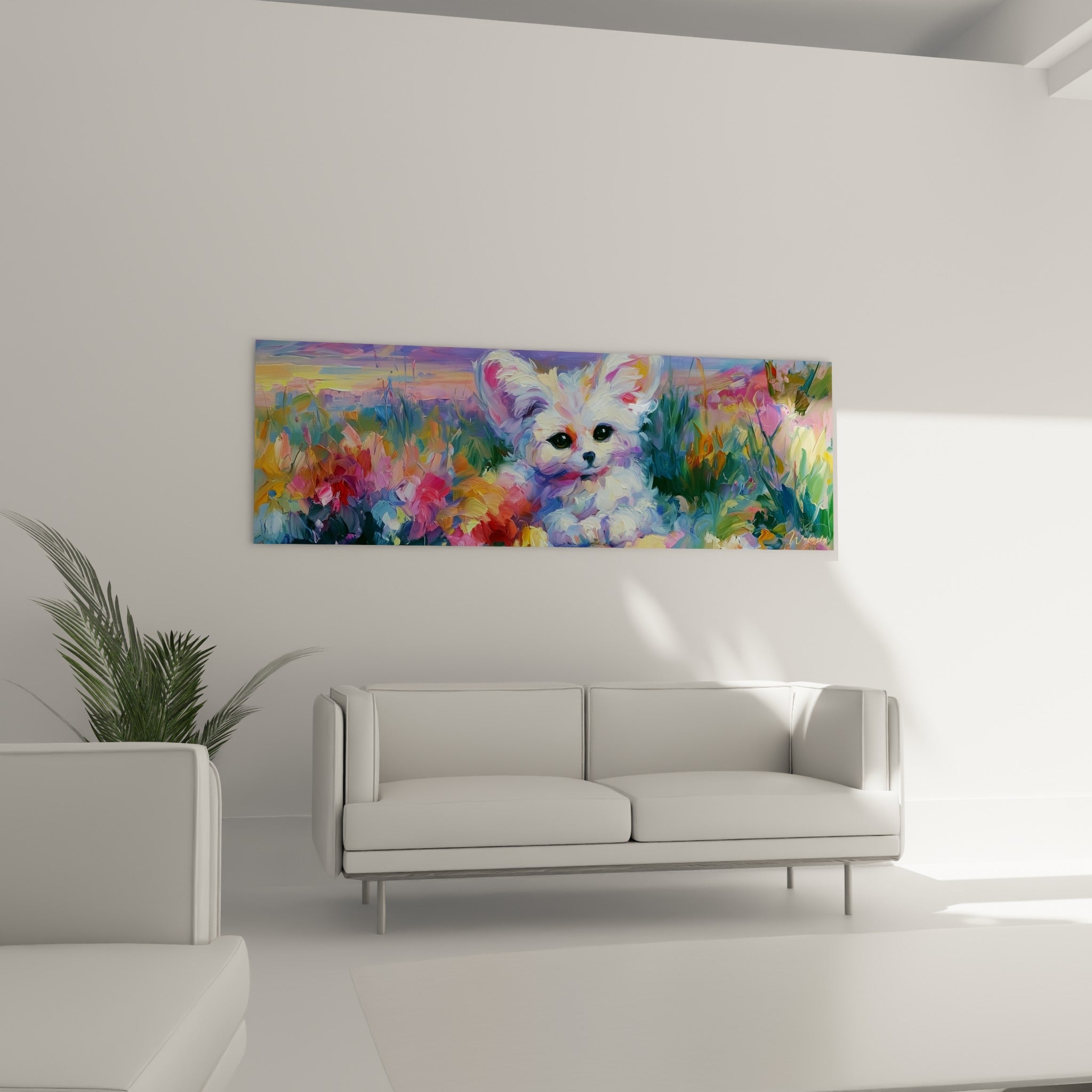 Petit fennec blanc niché parmi des fleurs fuchsia et jaunes, au-dessus d'un canapé dans un salon lumineux