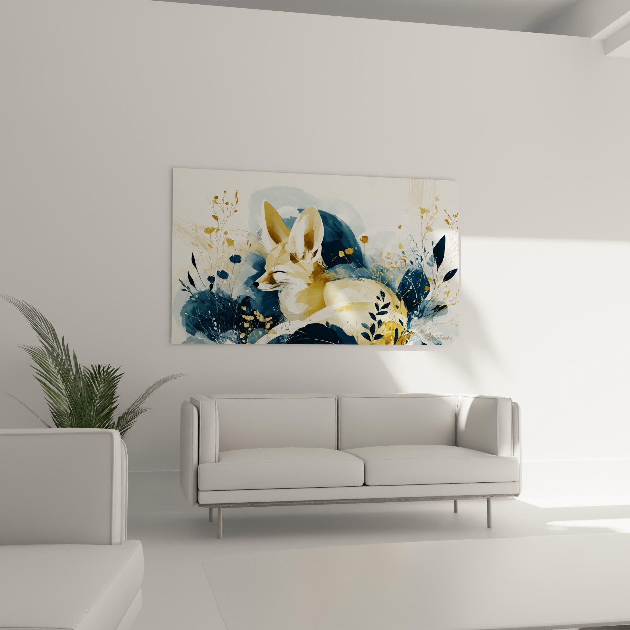 Renard fennec endormi parmi les fleurs dorées et le bleu marine, au-dessus d'un canapé dans un salon lumineux
