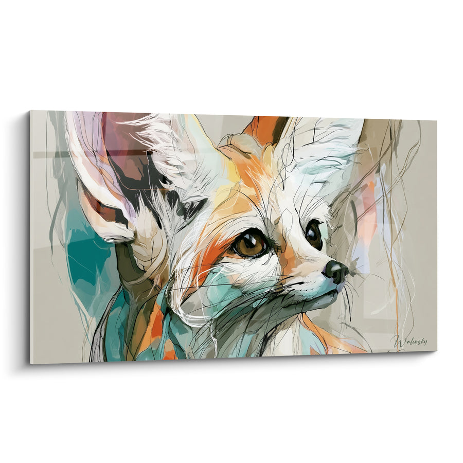 Tableau Fennec orange et turquoise aux traits esquissés - Museau griffé au fusain - Edition Fennec