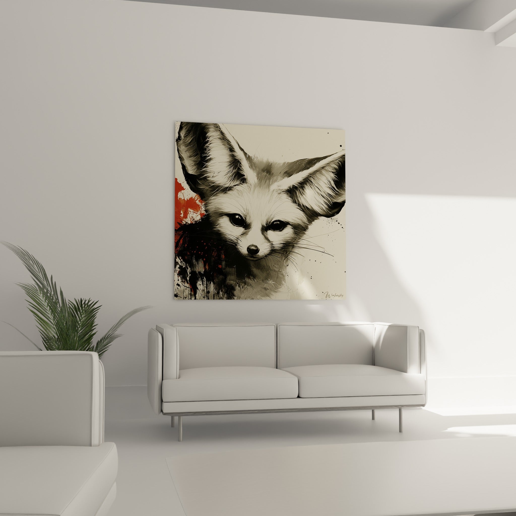 Oreilles dressées du fennec sur fond ivoire moucheté au-dessus d'un canapé dans un salon lumineux