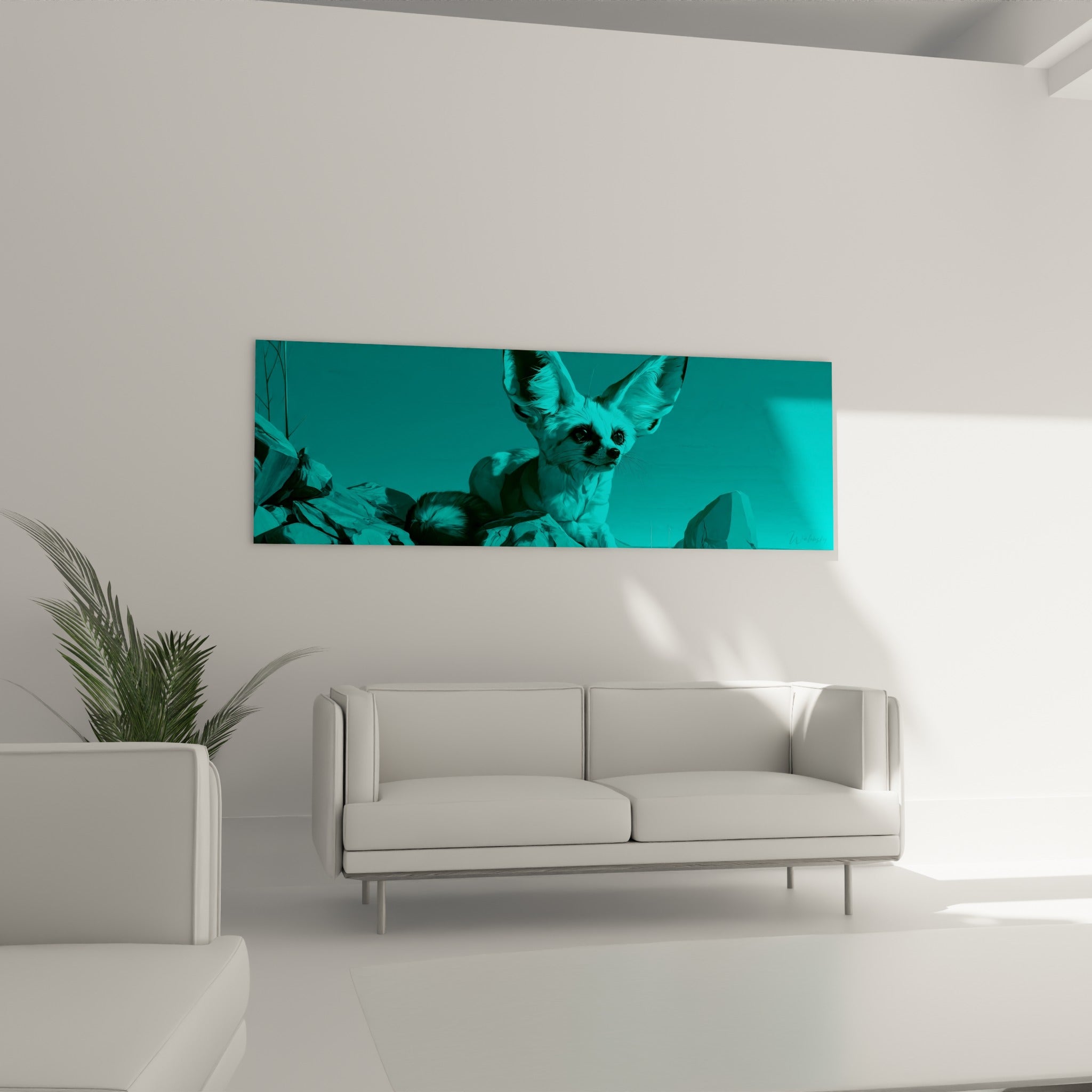 Regard perçant du fennec cyan et anthracite, tableau au-dessus d'un canapé dans un salon lumineux