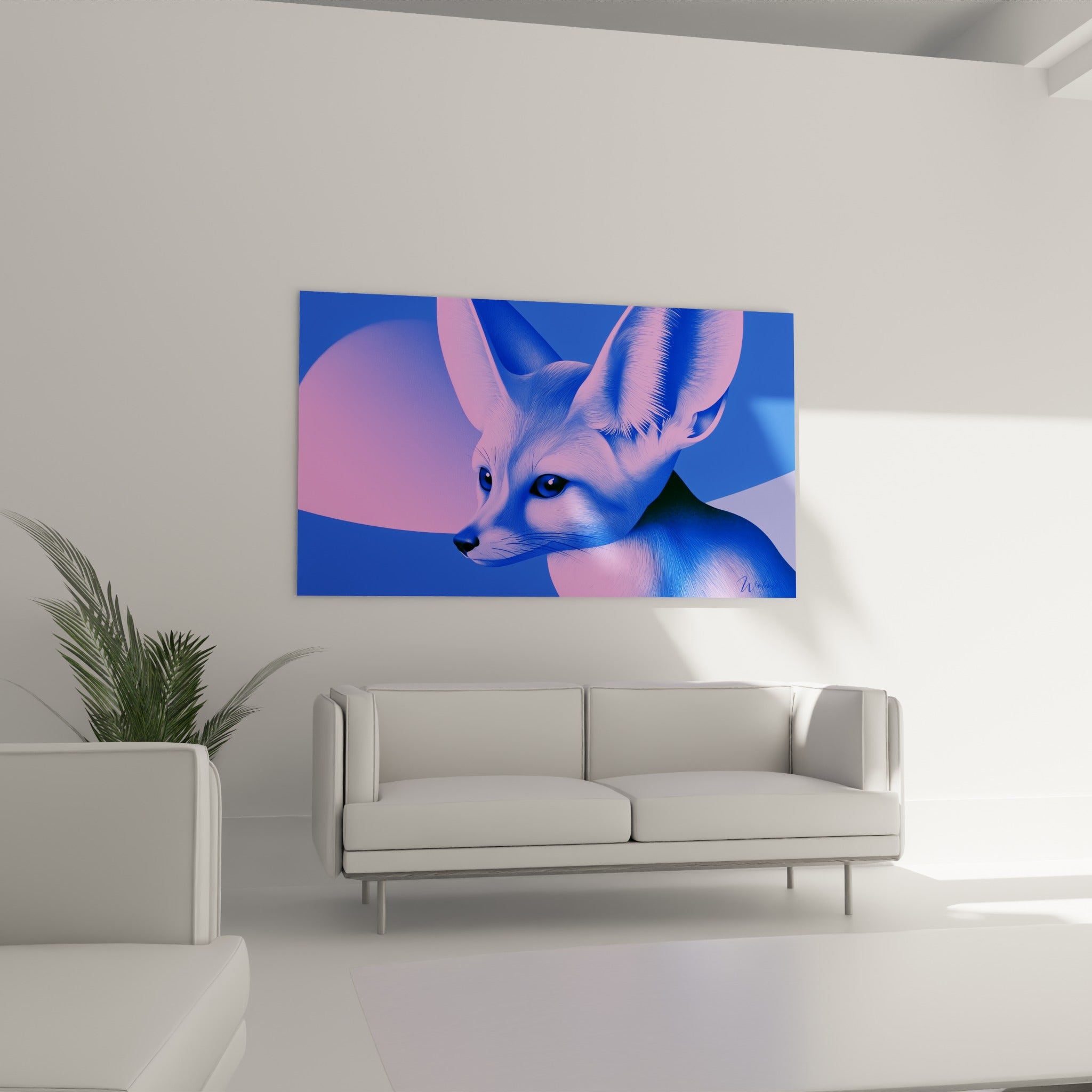 Regard intense du fennec bleu électrique et rose poudré, suspendu au-dessus d'un canapé dans un salon lumineux