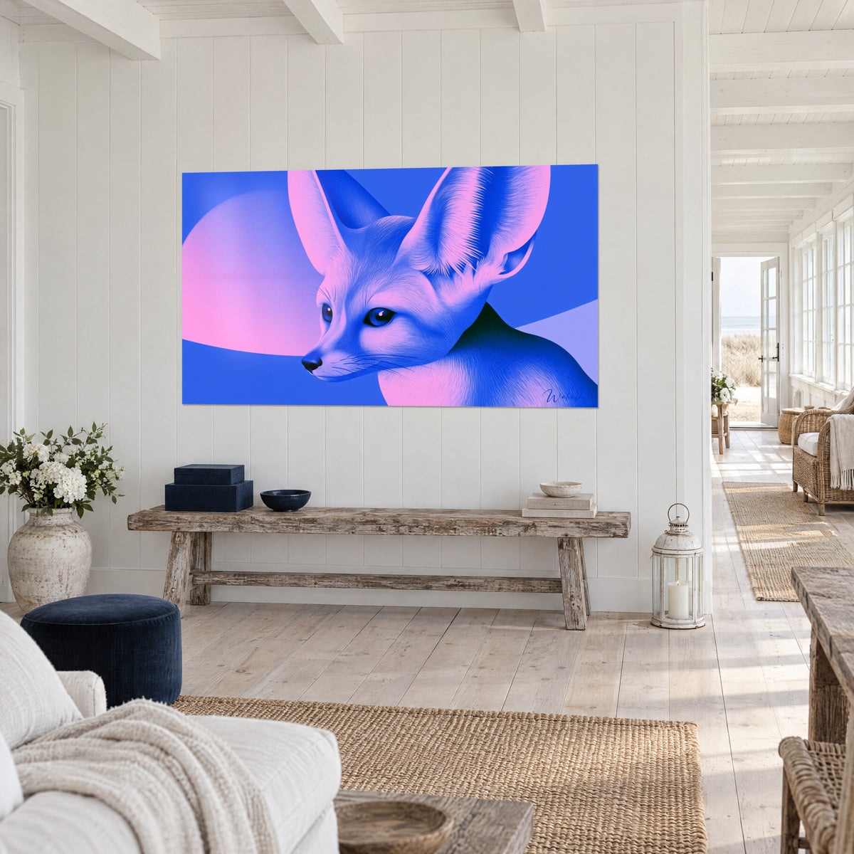Wall art desert fox in profile, black muzzle and dark eyes, electric blue and pink fur, on a white wood-panelled wall