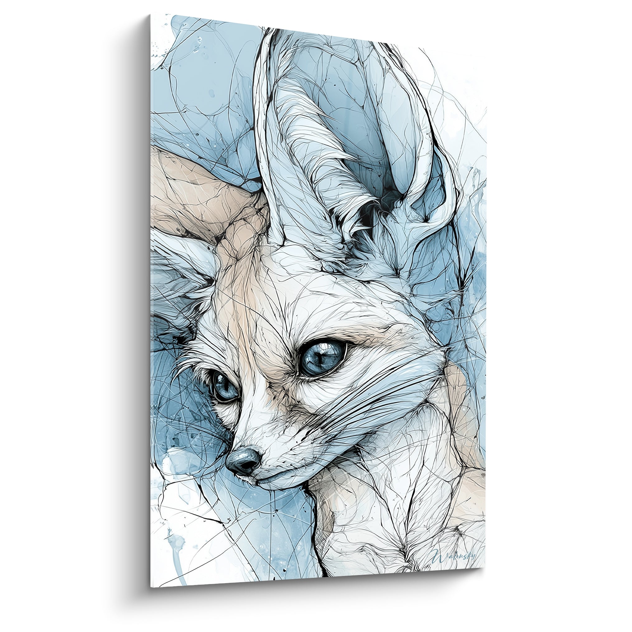 Fennec au regard bleu intense, oreilles dressées, traits noirs et fond bleu ciel aquarelle