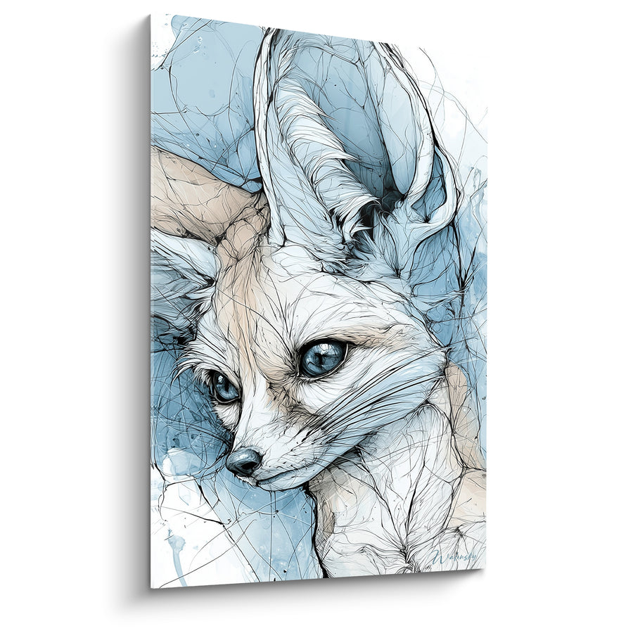 Tableau Fennec bleu et blanc aux traits esquissés - Yeux bleu acier - Edition Fennec
